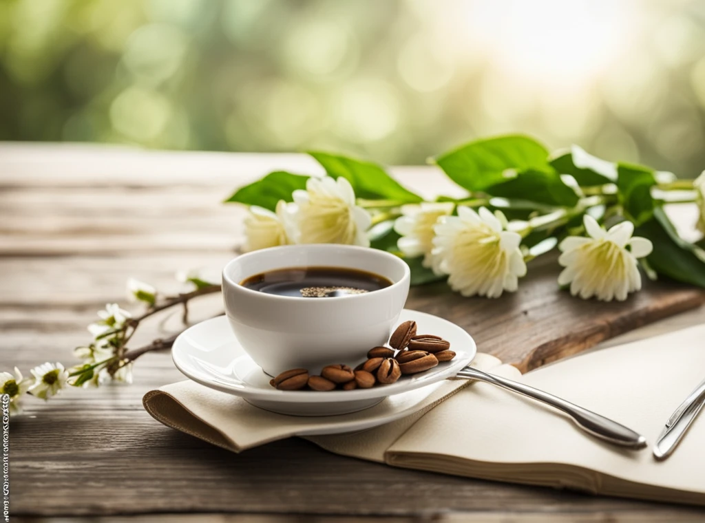 High quality real photos, sharp details, sharp focus,Photography studio,Flowers and a cup of coffee on the table,Elegant style,