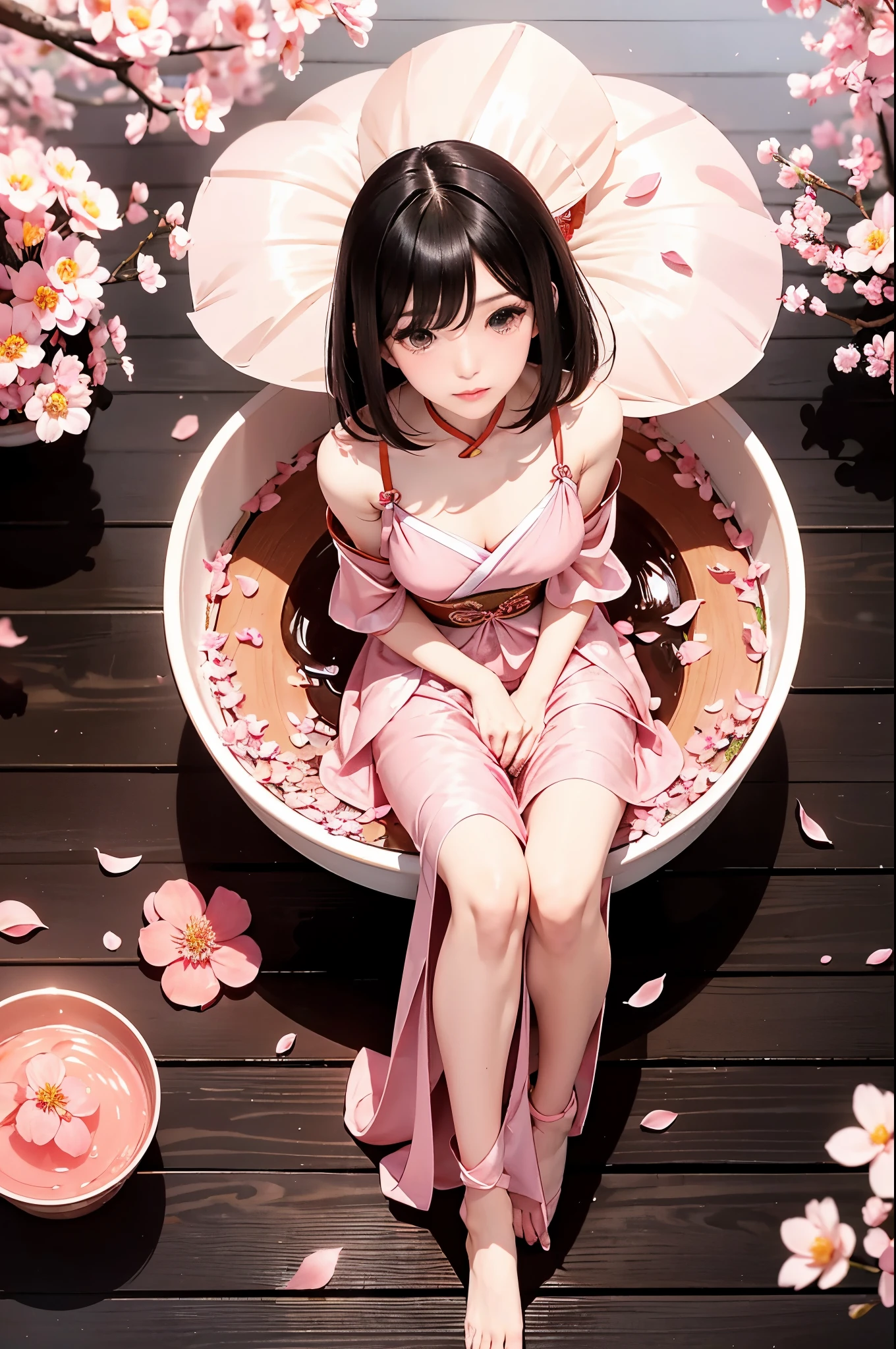 full body,A beautiful Chinese girl,shoulder length straight bob hair,slim,thin,Maxi pink Peach petals hanfu,Lying in a round bowl of steaming pink peach petals water,The body is inside the face,Covered with pink peach petals,Only the head and legs stick out