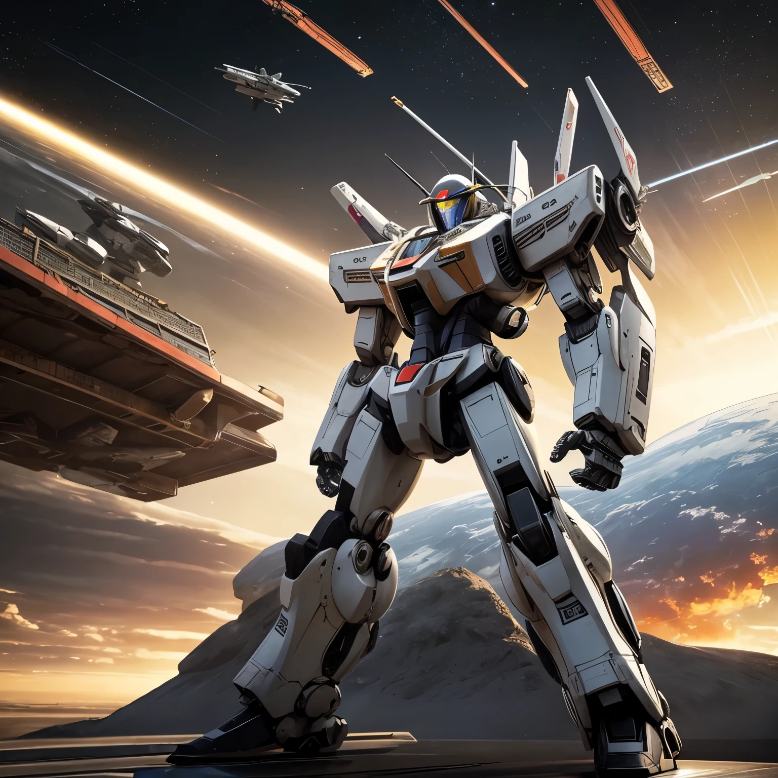 Generar la imagen de un robot basado en el anime Robotech, en el espacio, high resolution, con gran detalle en la imagen