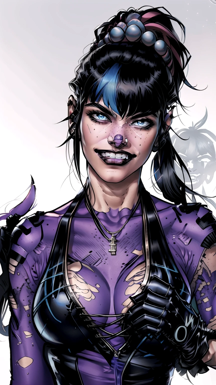 punchline, 1girl, solo, long hair, breasts, looking at viewer, smile, bangs, black hair, gloves, holding, blue hair, upper body, hair ornament, ponytail, multicolored hair, teeth, black gloves, blunt bangs, grin, two-tone hair, streaked hair, piercing, freckles, black lips, blush stickers, evil grin, 3D, render,