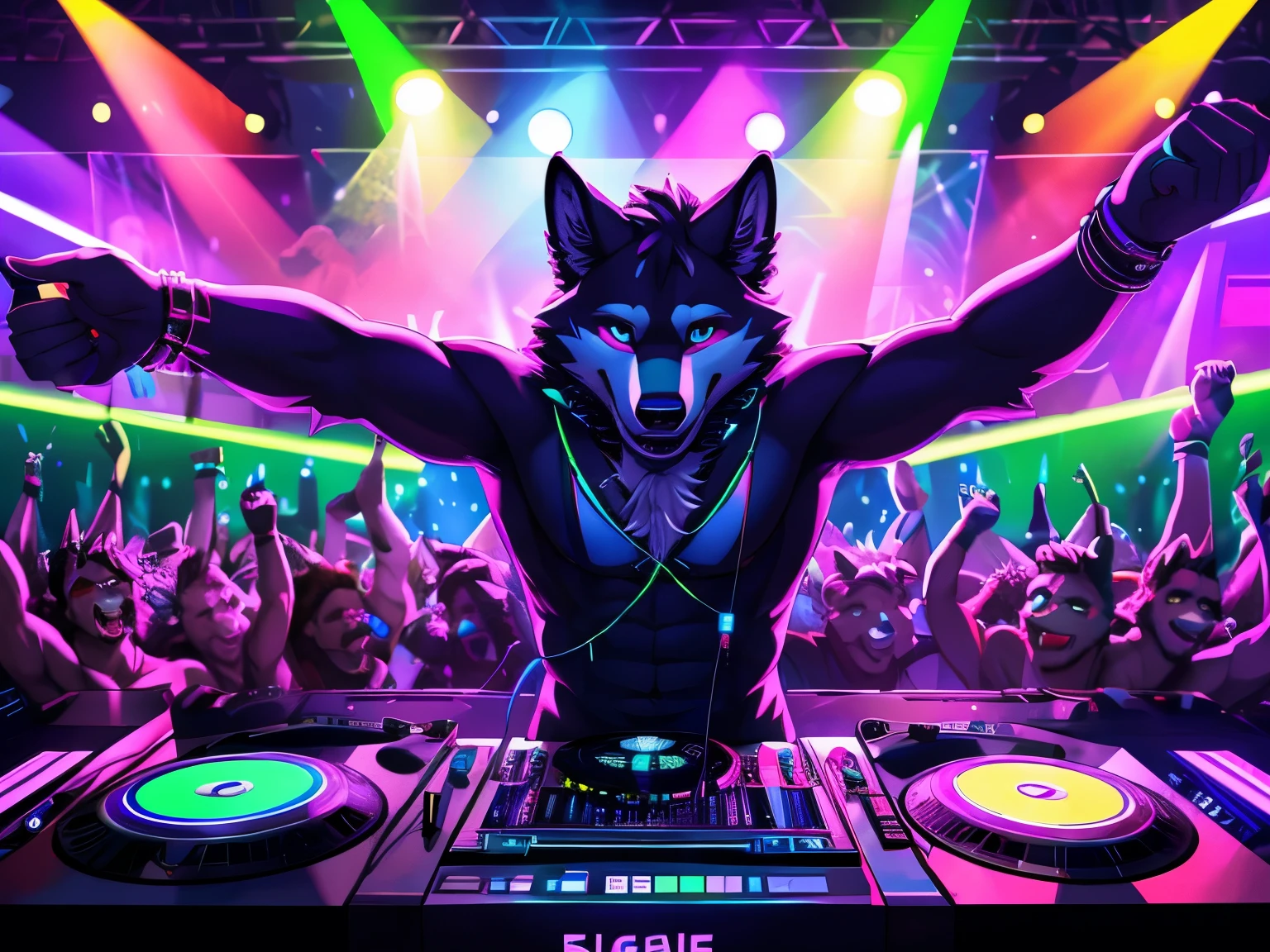 there is a man of a Wolf playing a dj at a party, scene from a rave, at a rave, pov furry art, background artwork, peoples rave party, partying at a rave, commission for high res, art, [ synthwave art style ], dj rave party, loish, facing the audience, shot Camera from top right, with blue, red, white, purple and green lights, excited face, enjoying dj Rave party, motion blur, high details, high quality, award winning, HD, 16k, (best quality,4k,8k,highres,masterpiece:1.2),ultra-detailed,realistic:1.37,HDR,UHD,studio lighting,extreme detail description,professional,vivid colors,bokeh,lively atmosphere, natural lighting
