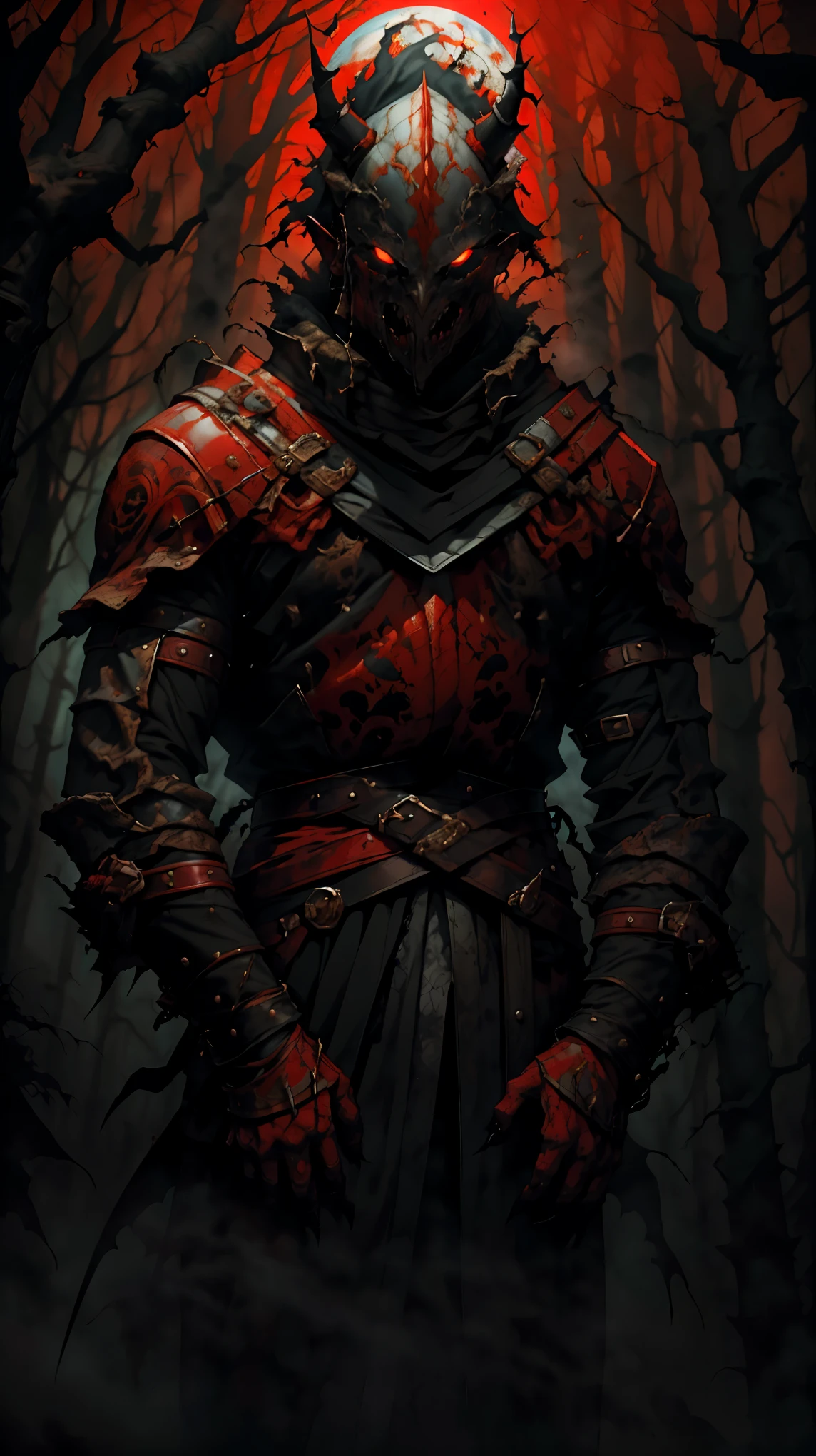 (detailed horns mask:1.2),(dark,evil) atmosphere,(mysterious,ominous,gritty) texture,1demonic character,sharp fangs,glowing red eyes,long sharp horns,pale skin,black claws,overgrown dark forest,ominous moonlight,heavy fog,spooky ambiance,bloody red color scheme,haunting shadows,creepy mist,horror genre,nightmarish,dynamic lighting,high contrast,ethereal feel,vivid colors