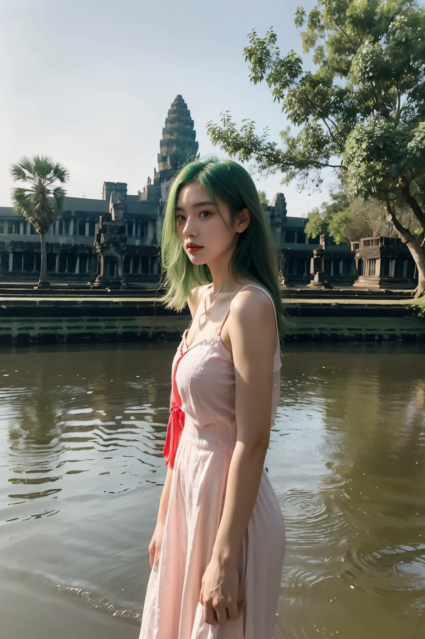 21yo girl, green hair, Wearing Khmer traditional clothes, Angkor Wat Temple background,