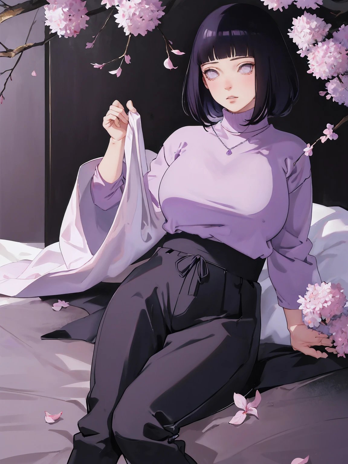 { - anatomy error} (Masterpiece - Ultra-detailed, very high resolution) (huge titusty, masterpiece, absurdres, hinata\(boruto\), 1girl, solo,mature female, lilac turtleneck blouse, pant, looking at viewelling petals), perfect composition, detailed lips, big breast, beautiful face, body propotion, blush, (pink lips), short hair, (black hair), purple eyes, soft gaze, super realistic, detailed, photoshoot, realistic face and body, closed mouth, walking on the floor , lilac eyes, full body, ridden hands, perfect fingers