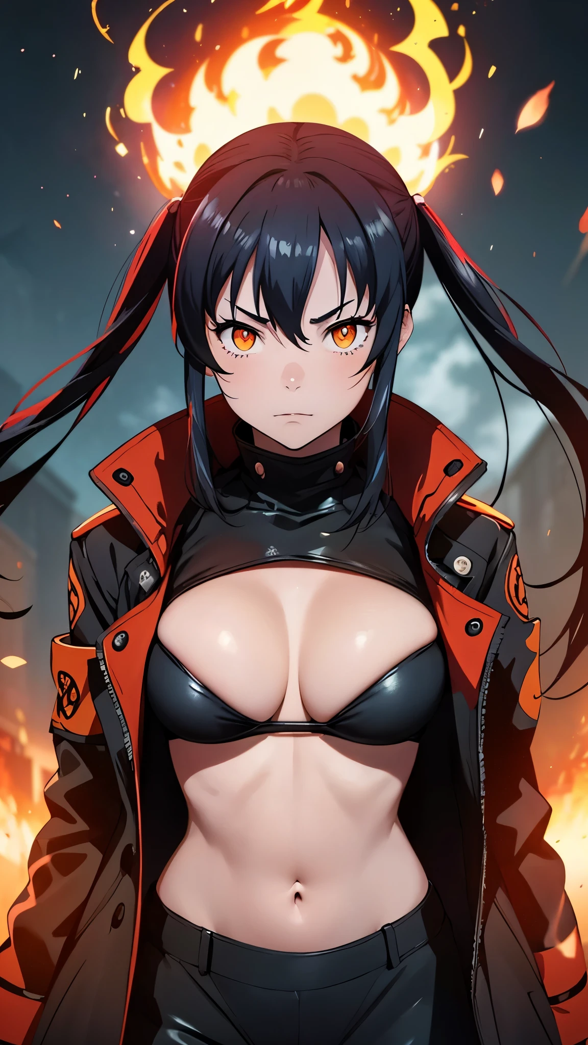 Tamaki Kotatsu from Fire Force, a beautiful girl (model-like appearance) aged 17-19. She has a slender figure with long legs and a graceful cat-like demeanor. Hairstyle two ponytails on the sides. Above the head there is a fiery halo in the form of cat ears (purple tones). She is dressed in a micro bikini and a black leather jacket. The artwork should capture her in a sensual pose. (best quality, 4k, 8k, highres, masterpiece:1.2), ultra-detailed, (realistic, photorealistic, photo-realistic:1.37), HDR, vivid colors, professional, bokeh, studio lighting Medium: Illustration Additional details: The backdrop depicts a fiery scene with smoke and flames adding intensity to the environment. The overall composition should exude a sense of power and confidence, highlighting Tamaki's beauty and strength. The artwork should emphasize the intricate details of her eyes and lips, showcasing their mesmerizing beauty. The lighting should accentuate her figure, casting soft shadows that enhance her curves and add depth to the overall image. The color palette should reflect the vibrant and fiery nature of the Fire Force series, incorporating shades of red, orange, and yellow. The art style should capture the essence of anime, combining bold linework with dynamic and energetic poses.