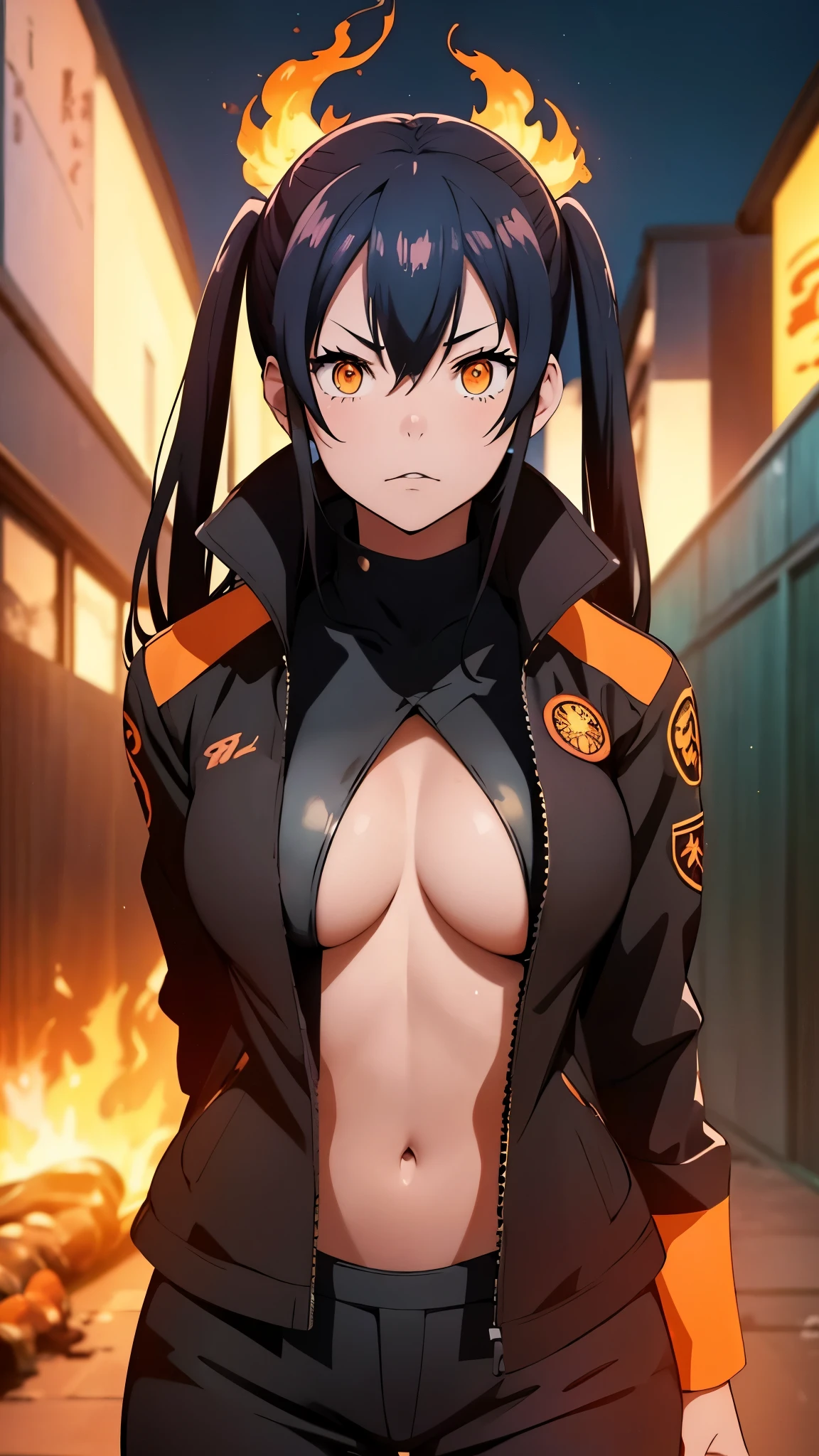 Tamaki Kotatsu from Fire Force, a beautiful girl (model-like appearance) aged -19. She has a slender figure with long legs and a graceful cat-like demeanor. Hairstyle two ponytails on the sides. Above the head there is a fiery halo in the form of cat ears (purple tones). She is dressed in a micro bikini and a black leather jacket. The artwork should capture her in a sensual pose. (best quality, 4k, 8k, highres, masterpiece:1.2), ultra-detailed, (realistic, photorealistic, photo-realistic:1.37), HDR, vivid colors, professional, bokeh, studio lighting Medium: Illustration Additional details: The backdrop depicts a fiery scene with smoke and flames adding intensity to the environment. The overall composition should exude a sense of power and confidence, highlighting Tamaki's beauty and strength. The artwork should emphasize the intricate details of her eyes and lips, showcasing their mesmerizing beauty. The lighting should accentuate her figure, casting soft shadows that enhance her curves and add depth to the overall image. The color palette should reflect the vibrant and fiery nature of the Fire Force series, incorporating shades of red, orange, and yellow. The art style should capture the essence of anime, combining bold linework with dynamic and energetic poses.