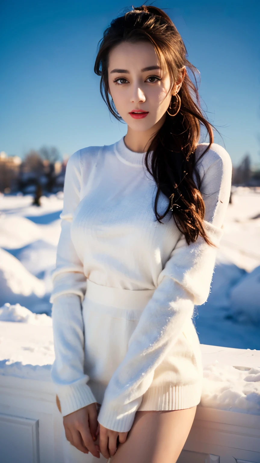 ((top quality、8k、​Masterpiece:1.3))、Extremely delicate and beautiful girl，full-body shot，huge breasts，bigger breasts，amazing breast size，G cup。Wear big earrings，Very white skin，moist red lips，Waist is very thin，Thighs are very thin，big butt，fair and smooth skin，Smooth and fair skin，flawless skin，Fair and shiny skin，cold white skin，The camera focuses on the chest，Bright light，white sweater，Lower body exposed，bare shoulders，white hair，hair is white，heavy snow，snow mountain，sunset，Rizhao Jinshan