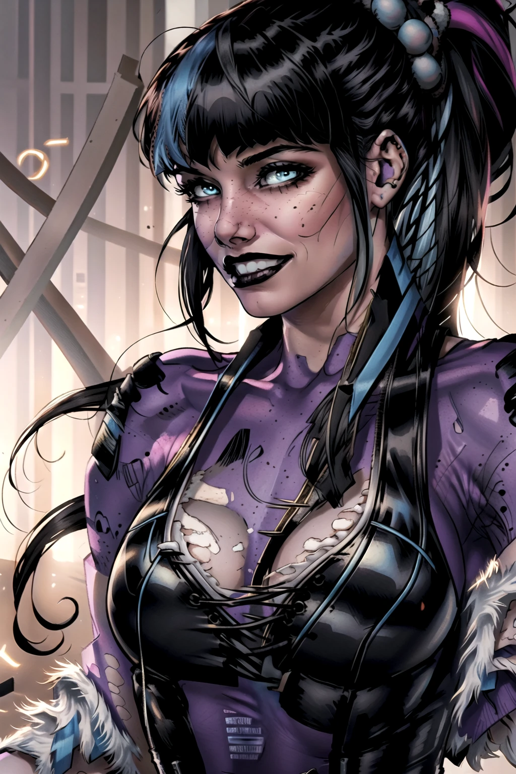 { - anatomy error} (Masterpiece - Ultra-Detailed, High Resolution) punchline, 1girl, solo, long hair, breasts, looking at viewer, bangs, black hair, gloves, blue hair, upper body, hair ornament, ponytail, multicolored hair, black gloves, blunt bangs, grin, two-tone hair, streaked hair, piercing, freckles, black lips, blush stickers,