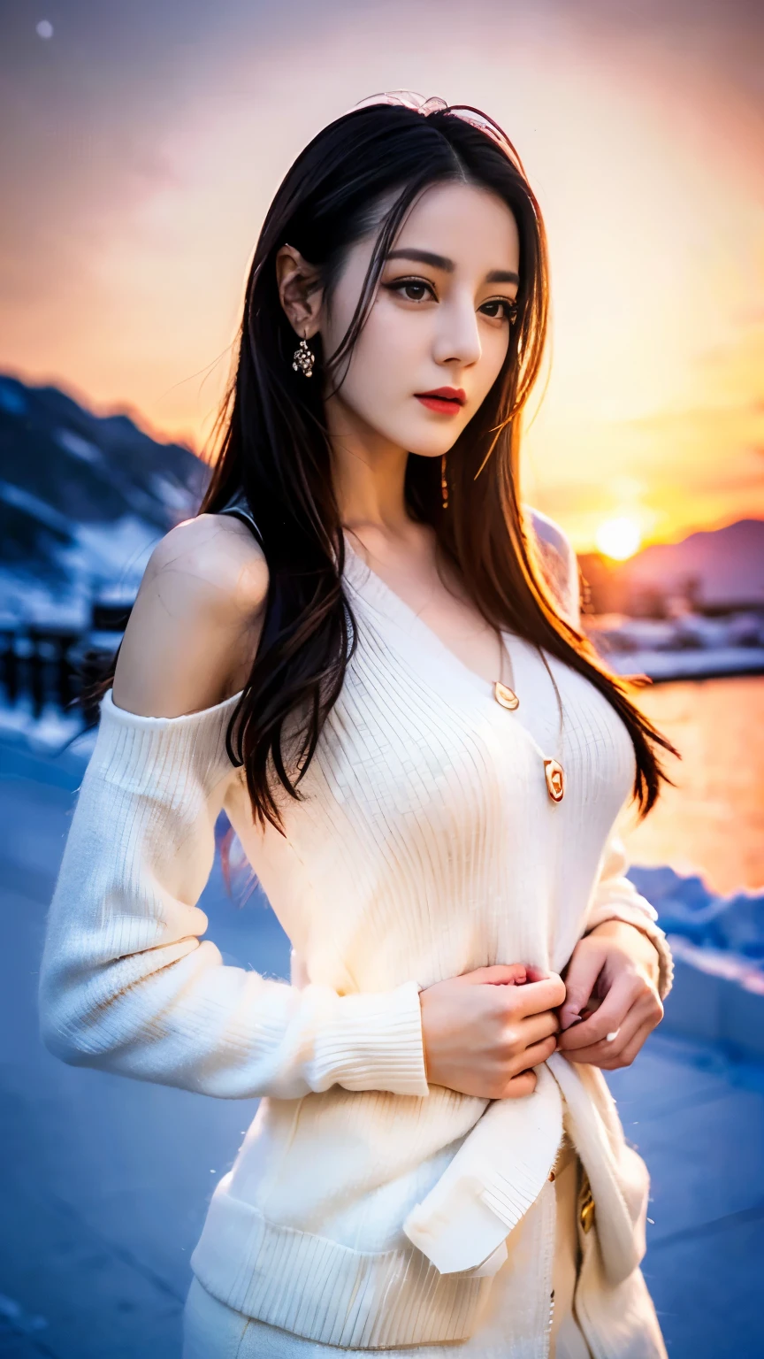((top quality、8k、Masterpiece:1.3))、Extremely delicate and beautiful girl,full-body shot,huge breasts,bigger breasts,amazing breast size,G cup。Wear big earrings,Very white skin,moist red lips,Waist is very thin,Thighs are very thin,big butt,fair and smooth skin,Smooth and fair skin,flawless skin,Fair and shiny skin,cold white skin,The camera focuses on the chest,Bright light,white sweater,Lower body exposed,bare shoulders,white hair,hair is white,heavy snow,snow mountain,sunset,Rizhao Jinshan