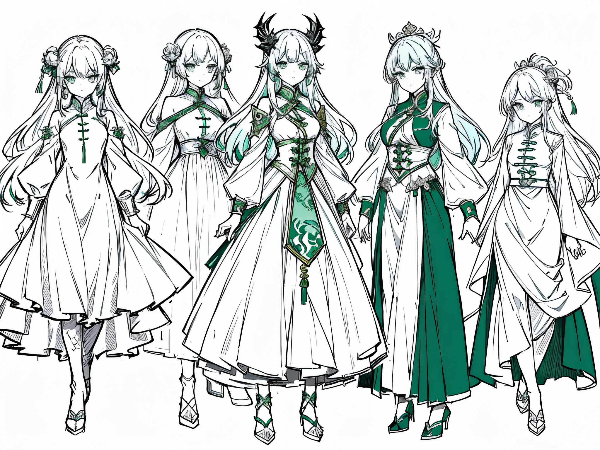 20th generation women、green hair、long hair、green eyes、dragon horn、golden hair ornament、white cheongsam(slit)、various expressions(joy, anger, sadness)、Rough sketches of the structure of clothes and hair ornaments, etc.、character sketch、concept art、Reference sheet