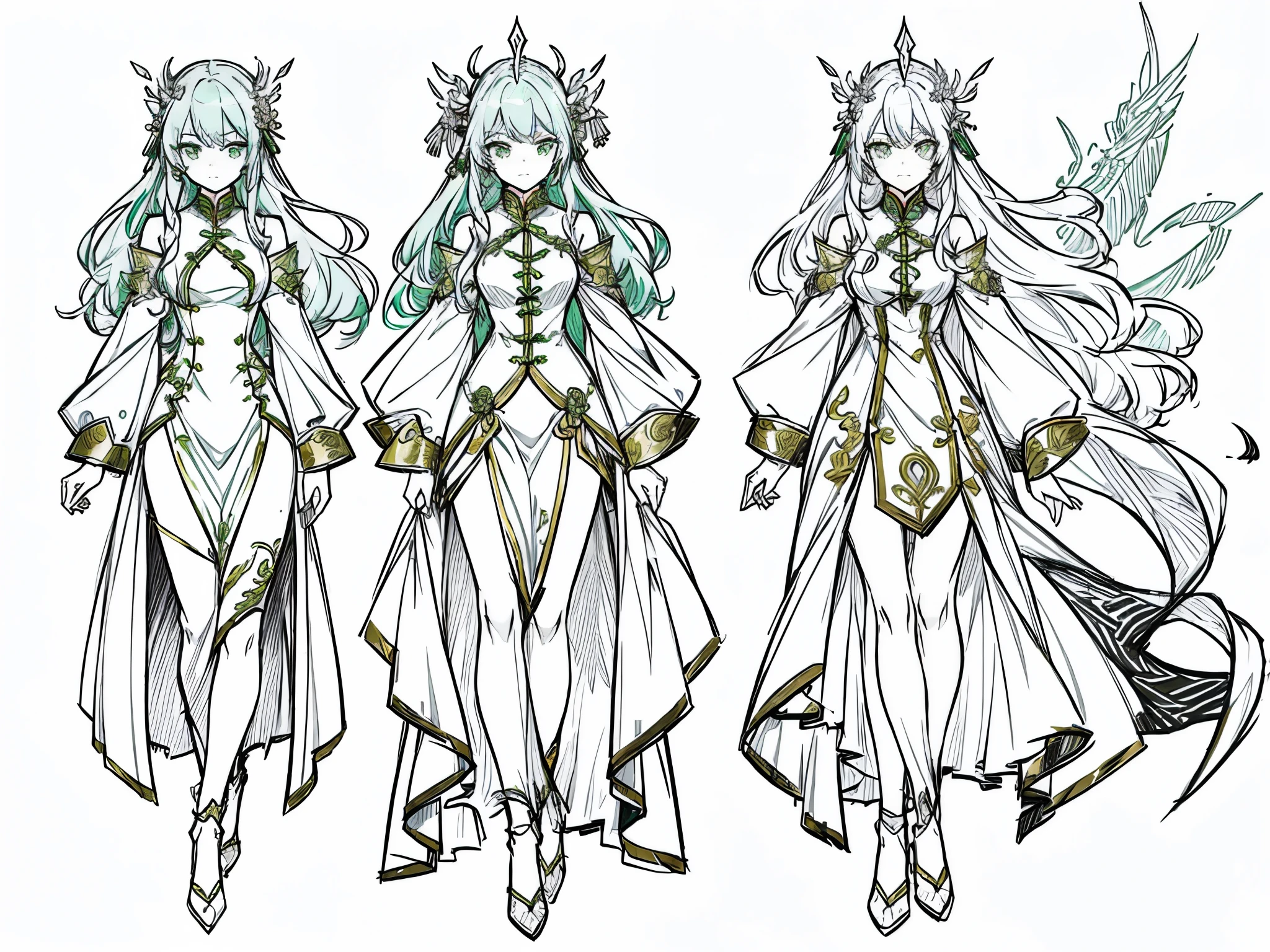 20th generation women、green hair、long hair、green eyes、dragon horn、golden hair ornament、white cheongsam(slit)、various expressions(joy, anger, sadness)、Rough sketches of the structure of clothes and hair ornaments, etc.、character sketch、concept art、Reference sheet