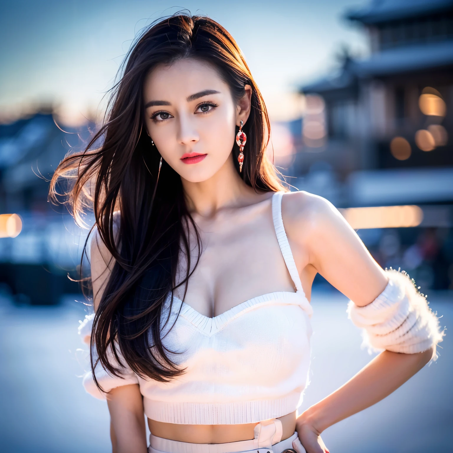 ((top quality、8k、​Masterpiece:1.3))、Extremely delicate and beautiful girl，full-body shot，huge breasts，bigger breasts，amazing breast size，G cup。Wear big earrings，Very white skin，moist red lips，Waist is very thin，Thighs are very thin，big butt，fair and smooth skin，Smooth and fair skin，flawless skin，Fair and shiny skin，cold white skin，The camera focuses on the chest，Bright light，white sweater，Lower body exposed，bare shoulders，light blonde hair，The hair is light blonde，heavy snow，snow mountain，sunset，Rizhao Jinshan