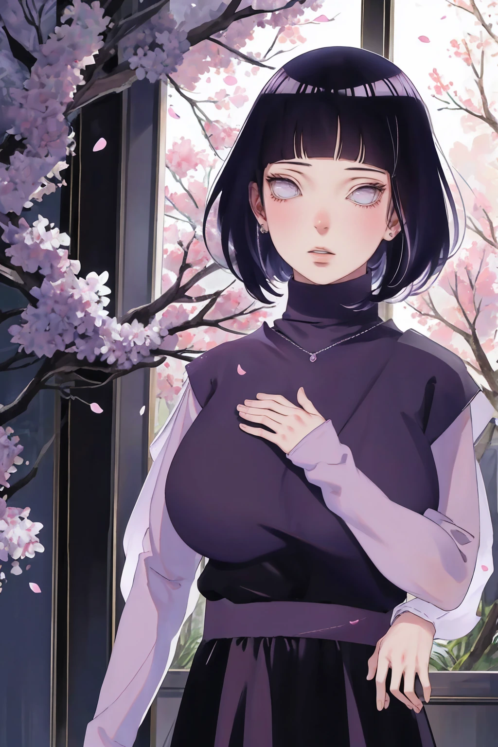{ - anatomy error} (Masterpiece - Ultra-detailed, very high resolution) (huge titusty, masterpiece, absurdres, hinata\(boruto\), 1girl, solo,mature female, lilac turtleneck blouse, pant, looking at viewelling petals), perfect composition, detailed lips, big breast, beautiful face, body propotion, blush, (pink lips), short hair, (black hair), purple eyes, soft gaze, super realistic, detailed, photoshoot, realistic face and body, closed mouth, walking on the floor , lilac eyes, upper body, ridden hands, perfect fingers