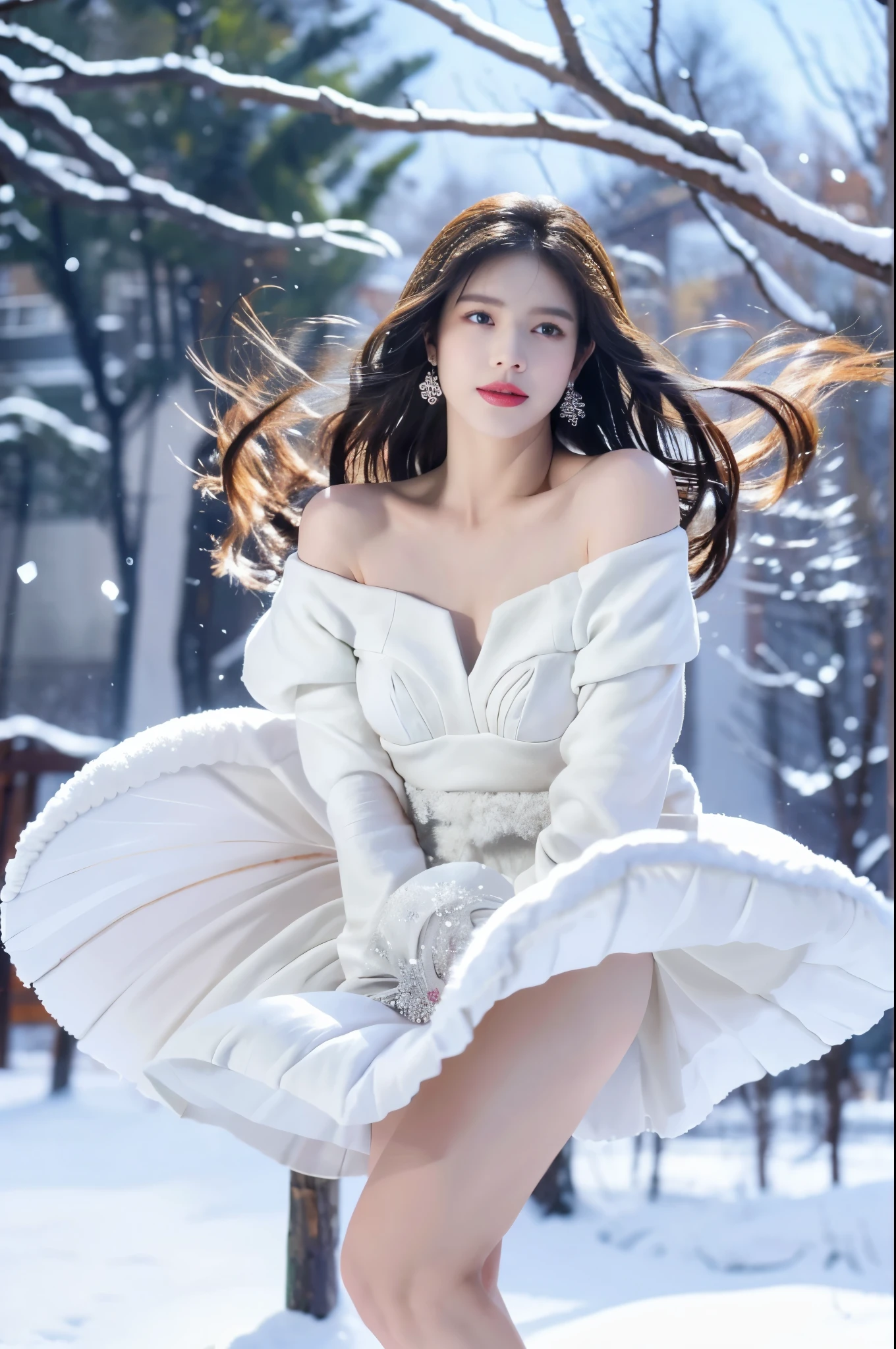 tmasterpiece、quality、ultra - detailed、Marilyn Tagirth，Focus on thighs and above，Clear face，（Best quality at best）， beuaty girl：1.5、Red fluffy off-shoulder dresig wind，long hair fluttering，Snowflake earrings、snowflakes falling、bblurry、Snow World