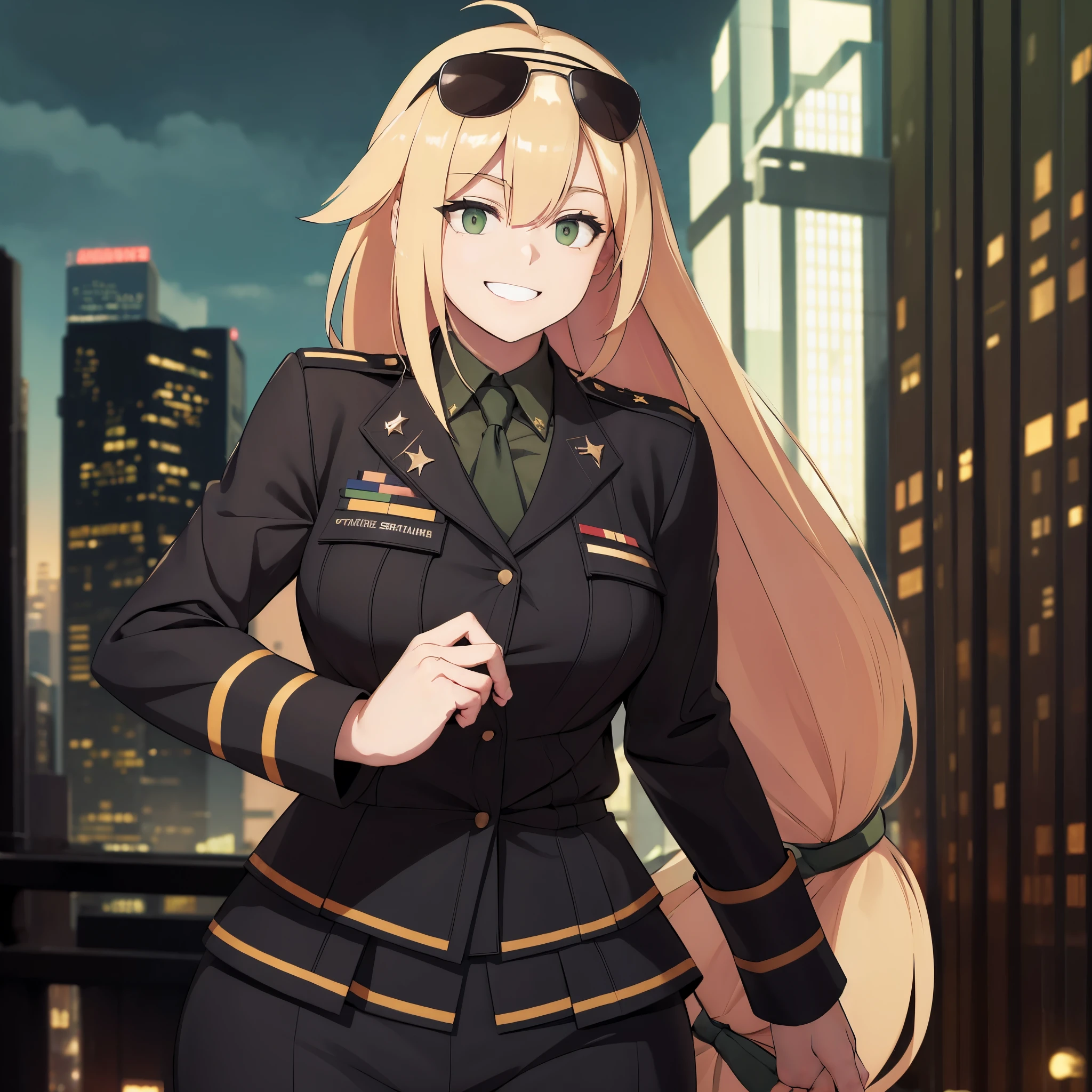 A woman wearing a black military suit, long blonde hair, green eyes, in a big city at night, smiling