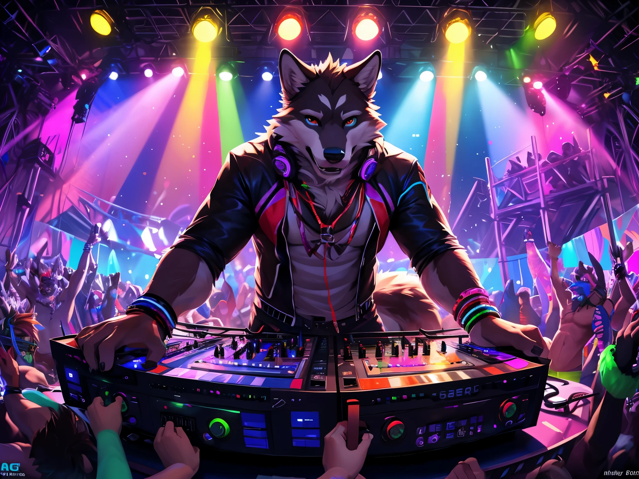 there is a man of a Wolf playing a dj at a party, on a very magnificent stage, A man facing the audience, shot Camera from top right, scene from a rave, at a rave, pov furry art, background artwork, peoples rave party, partying at a rave, commission for high res, fursona art, [ Chunie art style ], dj rave party, with blue, red, white, purple and green lights, excited face, enjoying dj Rave party, motion blur, high details, high quality, award winning, HD, 16k, (best quality,4k,8k,highres,masterpiece:1.2),ultra-detailed,realistic:1.37,HDR,UHD,studio lighting,extreme detail description,professional,vivid colors,bokeh,lively atmosphere, natural lighting