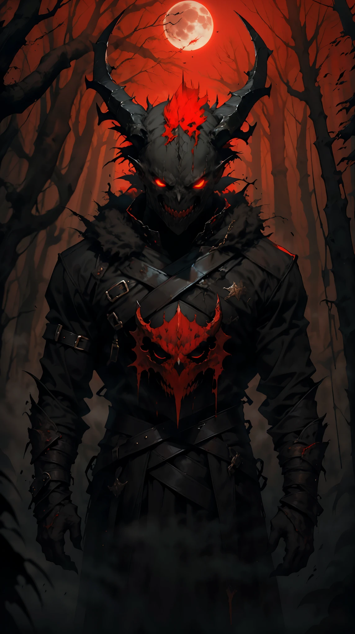 (detailed horns mask:1.2),(dark,evil) atmosphere,(mysterious,ominous,gritty) texture,1demonic character,sharp fangs,glowing red eyes,long sharp horns,pale skin,black claws,overgrown dark forest,ominous moonlight,heavy fog,spooky ambiance,bloody red color scheme,haunting shadows,creepy mist,horror genre,nightmarish,dynamic lighting,high contrast,ethereal feel,vivid colors