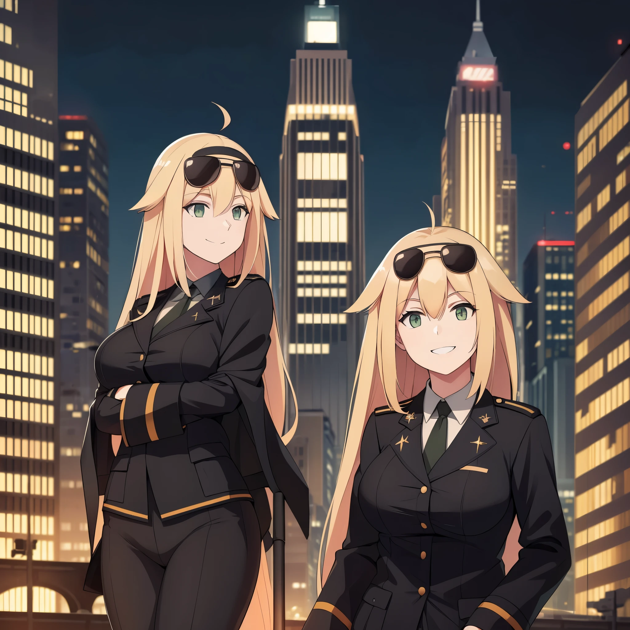 A woman wearing a black military suit, long blonde hair, green eyes, in a big city at night, smiling