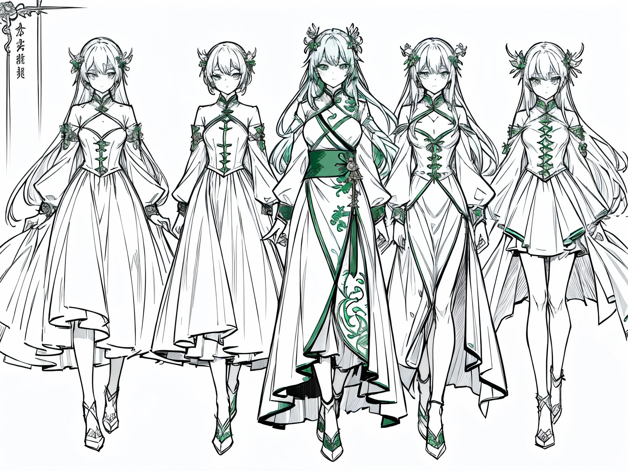 20th generation women、green hair、long hair、green eyes、dragon horn、golden hair ornament、white cheongsam(slit skirt)、various expressions(joy, anger, sadness)、Rough sketches of the structure of clothes and hair ornaments, etc.、character sketch、concept art、Reference sheet