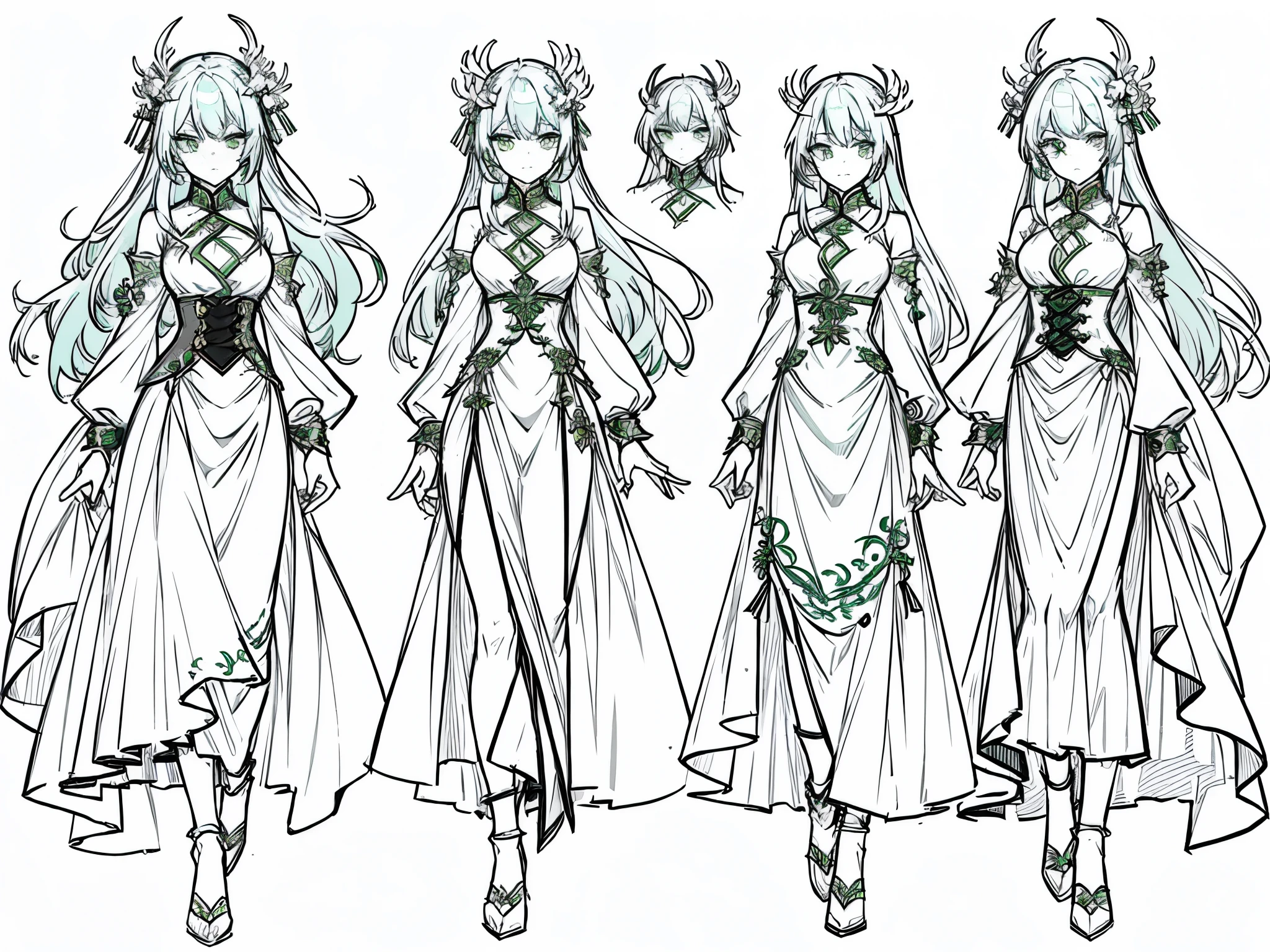 20th generation women、green hair、long hair、green eyes、dragon horn、golden hair ornament、white cheongsam（slit skirt）、various expressions（joy, anger, sadness）、Rough sketches of the structure of clothes and hair ornaments, etc.、character sketch、concept art、Reference sheet