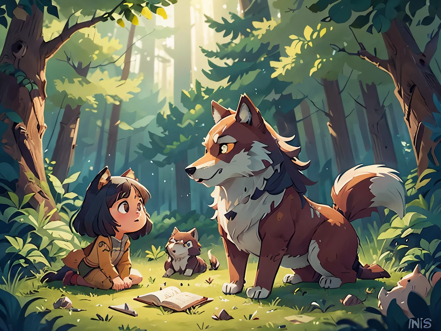 in the woods,lone wolf,Fierce wolf,Aim for prey,eyes staring,Children's book illustration,Showing the strength and elegance of wolves in the form of a children's picture book