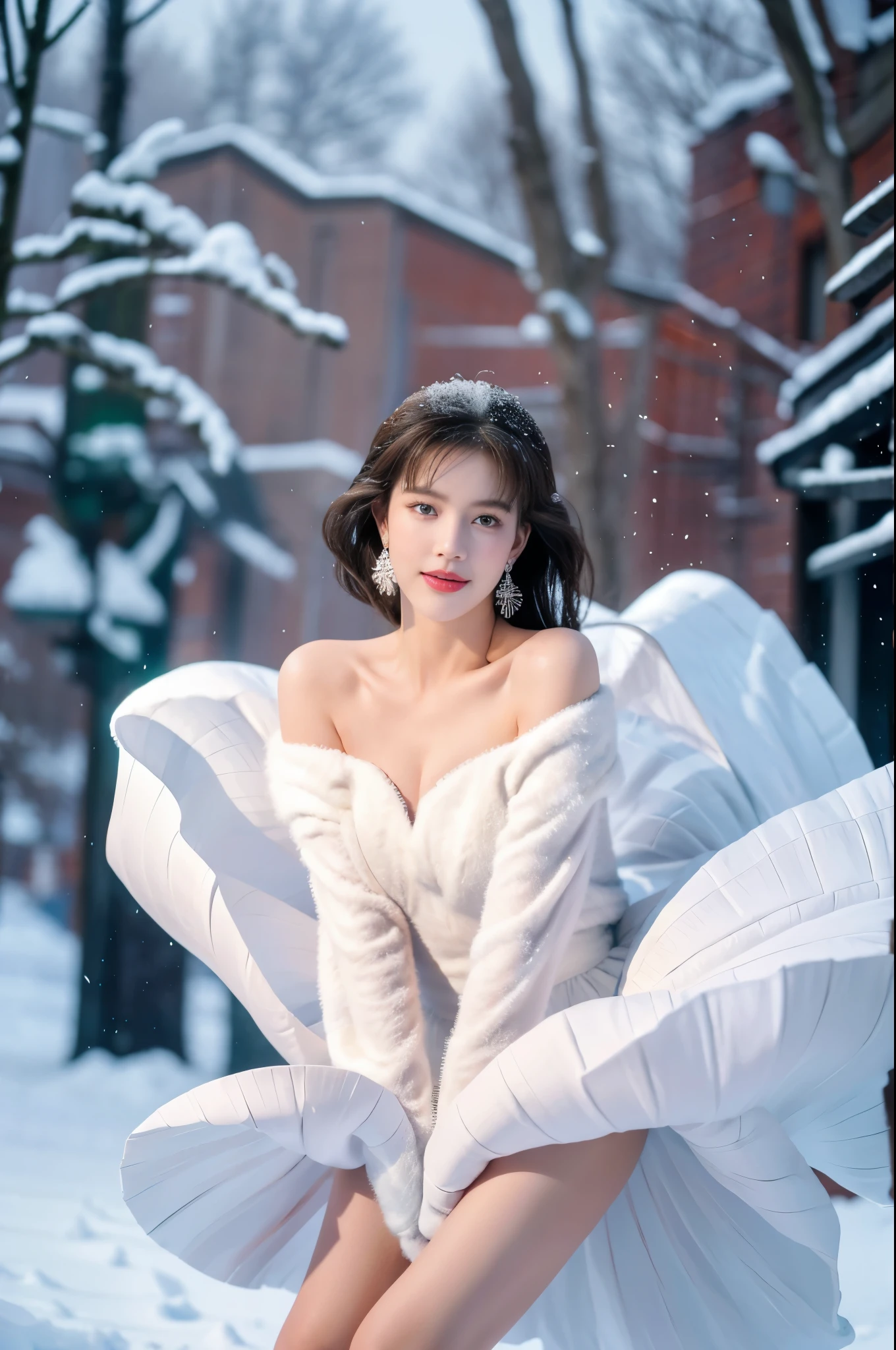 tmasterpiece、quality、ultra - detailed、Marilyn Tagirth，Focus on thighs and above，Clear face，（Best quality at best）， beuaty girl：1.5、Red fluffy off-shoulder dresig wind，long hair fluttering，Snowflake earrings、snowflakes falling、bblurry、Snow World