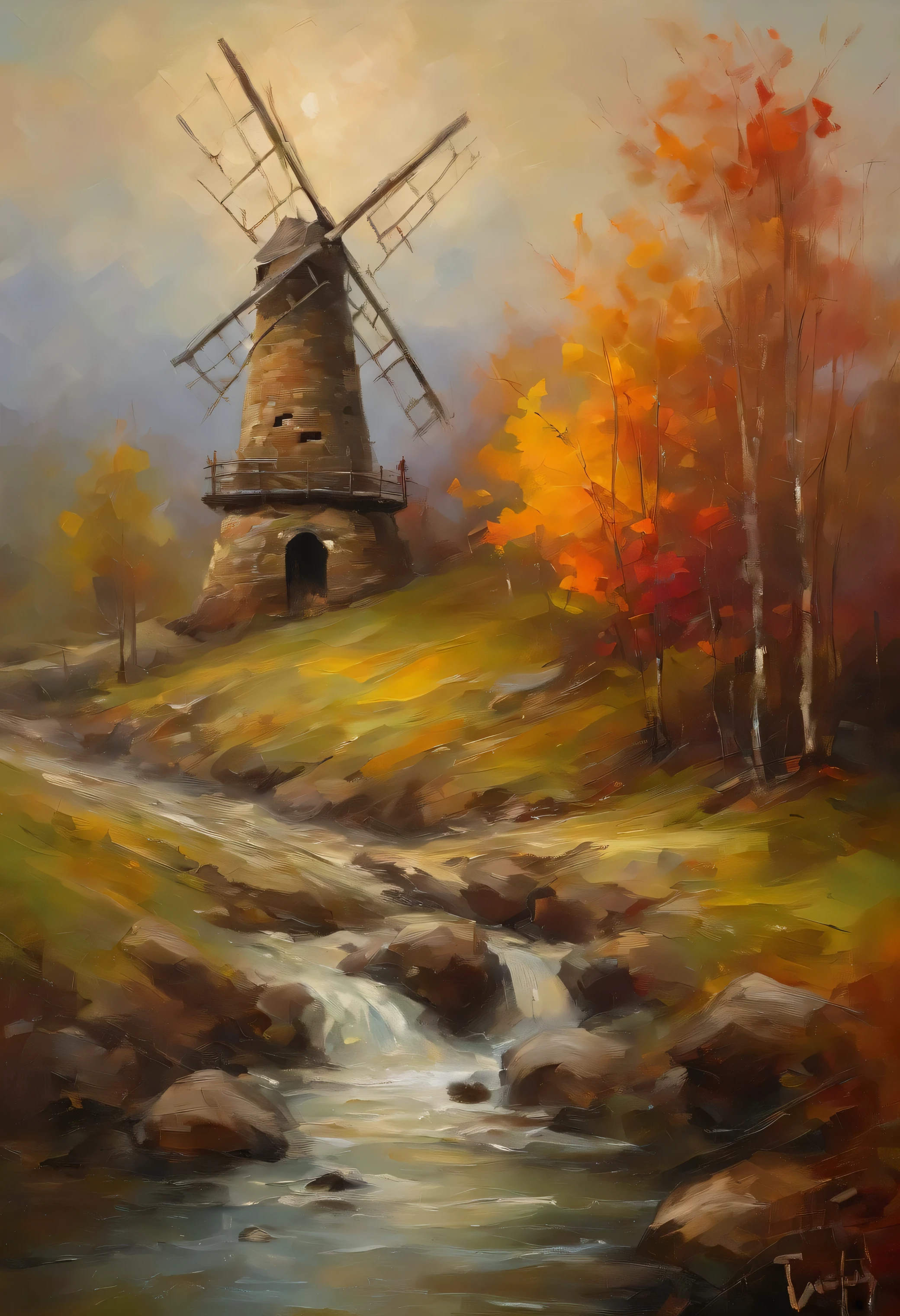 Old windmill with propellers in motion, hillside scenery, autumn gloomy day, inspired by Thomas Kinkade, no water, no rivers, no streams