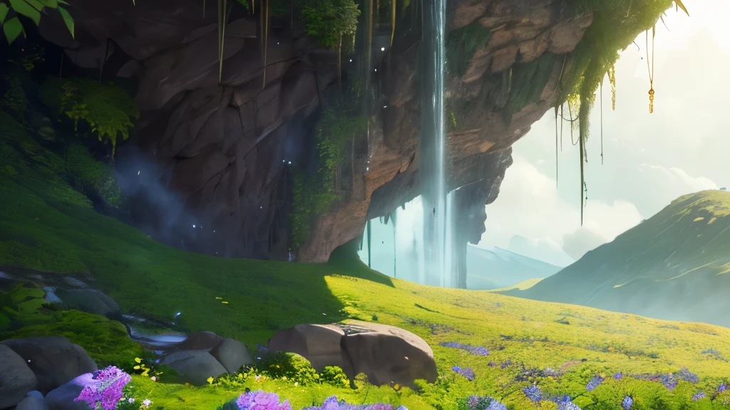 An image capturing a majestic mountain with a waterfall cascading down its rugged slopes, casting a warm, ethereal light across the landscape. Windy weather, In the foreground, vibrant pale flowers sway violently in the wind, adding splashes of color to the volcanic scenery. Nestled amidst the terrain is a hidden cave partially obscured by the waterfall, its entrance framed by vines and lush foliage. The image captures the harmonious but violent blend of fire and earth, strength and serenity, inspiring awe and wonder.,Nature