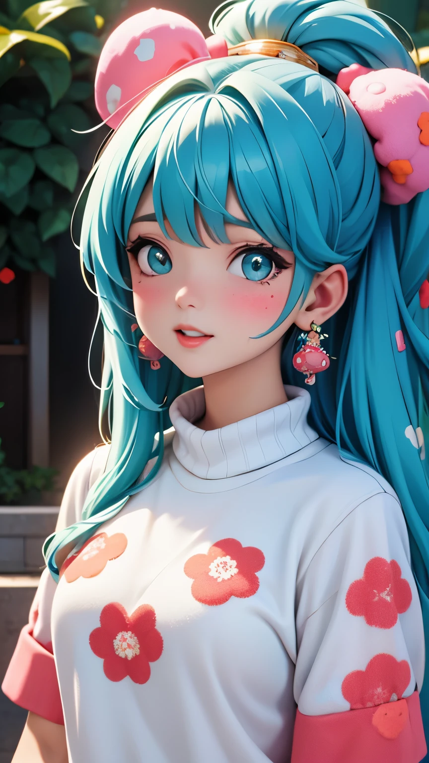 (masterpiece, best quality:1.2),illustration art,Kusama Yayoi's style,a beautiful girl,Skin detail processing,The eyes are very detailed,sweater,(((Speckled pattern))),green,blue,White,,black