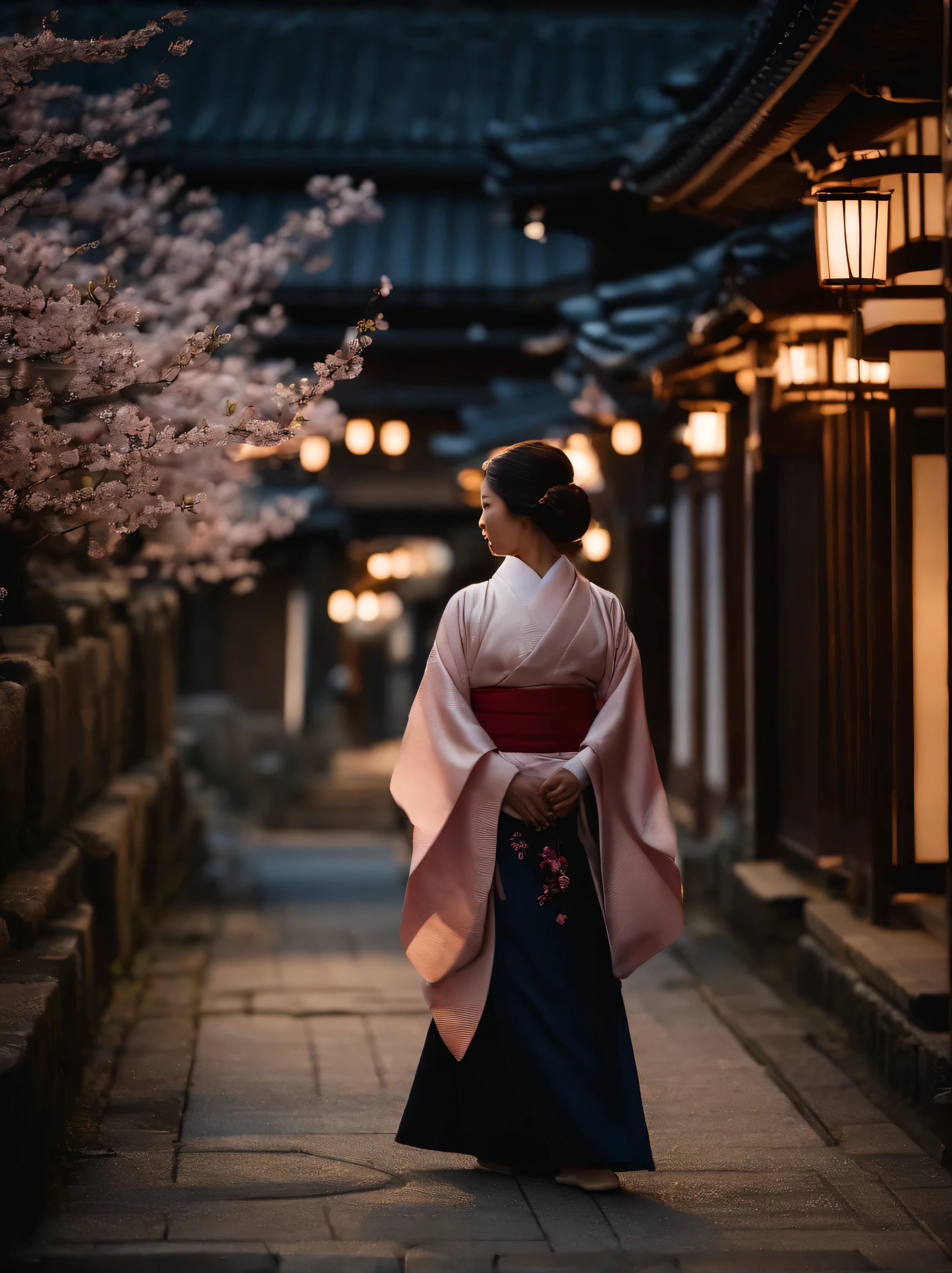 On the streets of Kyoto during the shogunate era，The roadside is full of cherry blossoms，On the bluestone road，There is a Japanese girl，wearing kimono，light from the side，early morning，warm tones