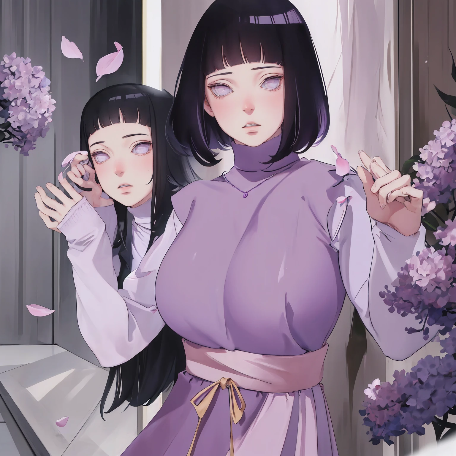 { - anatomy error} (Masterpiece - Ultra-detailed, very high resolution) (huge titusty, masterpiece, absurdres, hinata\(boruto\), 1girl, solo,mature female, lilac turtleneck blouse, pant, looking at viewelling petals), perfect composition, detailed lips, big breast, beautiful face, body propotion, blush, (pink lips), short hair, (black hair), purple eyes, soft gaze, super realistic, detailed, photoshoot, realistic face and body, closed mouth, walking on the floor , lilac eyes, upper body, ridden hands, perfect fingers
