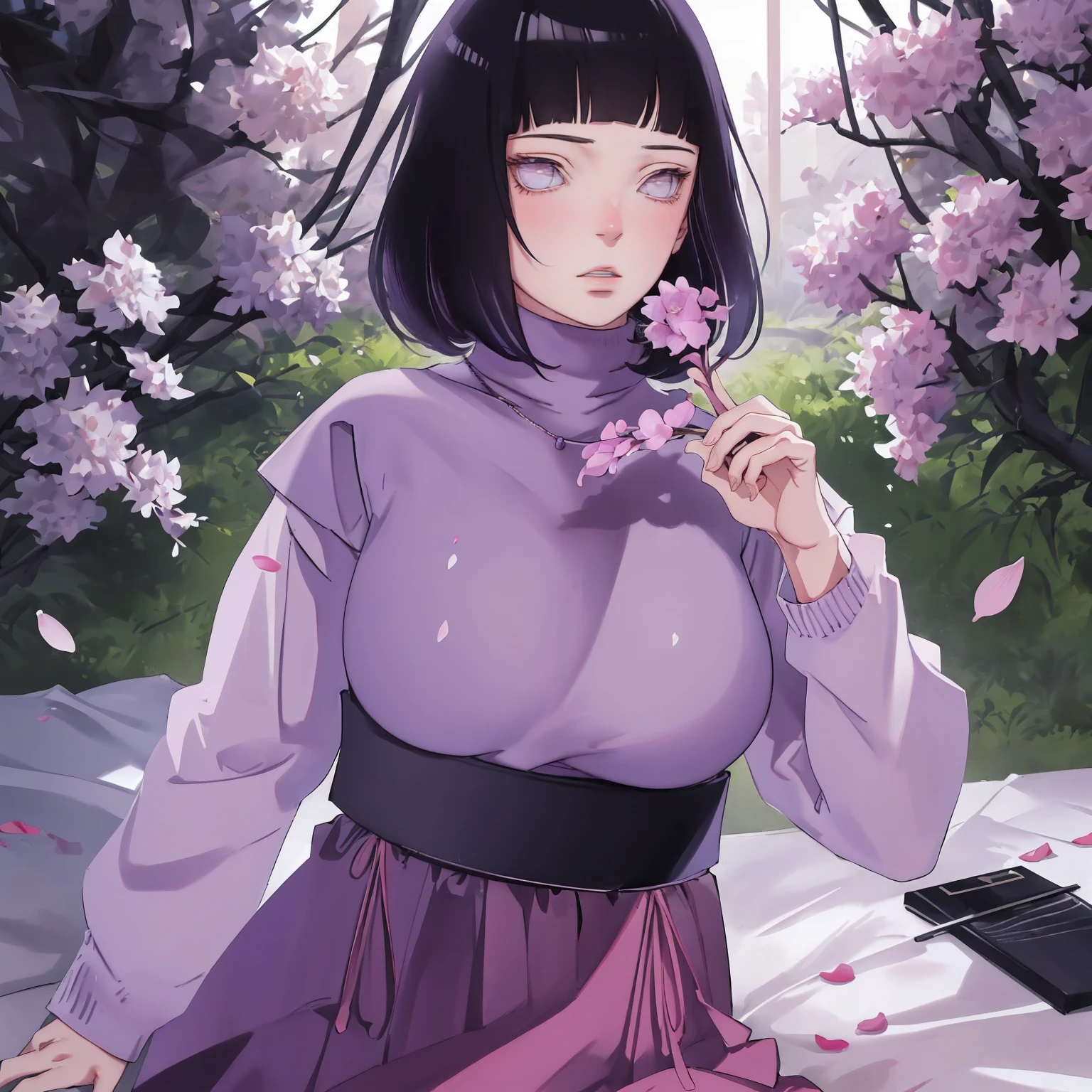 { - anatomy error} (Masterpiece - Ultra-detailed, very high resolution) (huge titusty, masterpiece, absurdres, hinata\(boruto\), 1girl, solo,mature female, lilac turtleneck blouse, pant, looking at viewelling petals), perfect composition, detailed lips, big breast, beautiful face, body propotion, blush, (pink lips), short hair, (black hair), purple eyes, soft gaze, super realistic, detailed, photoshoot, realistic face and body, closed mouth, walking on the floor , lilac eyes, upper body, ridden hands, perfect fingers