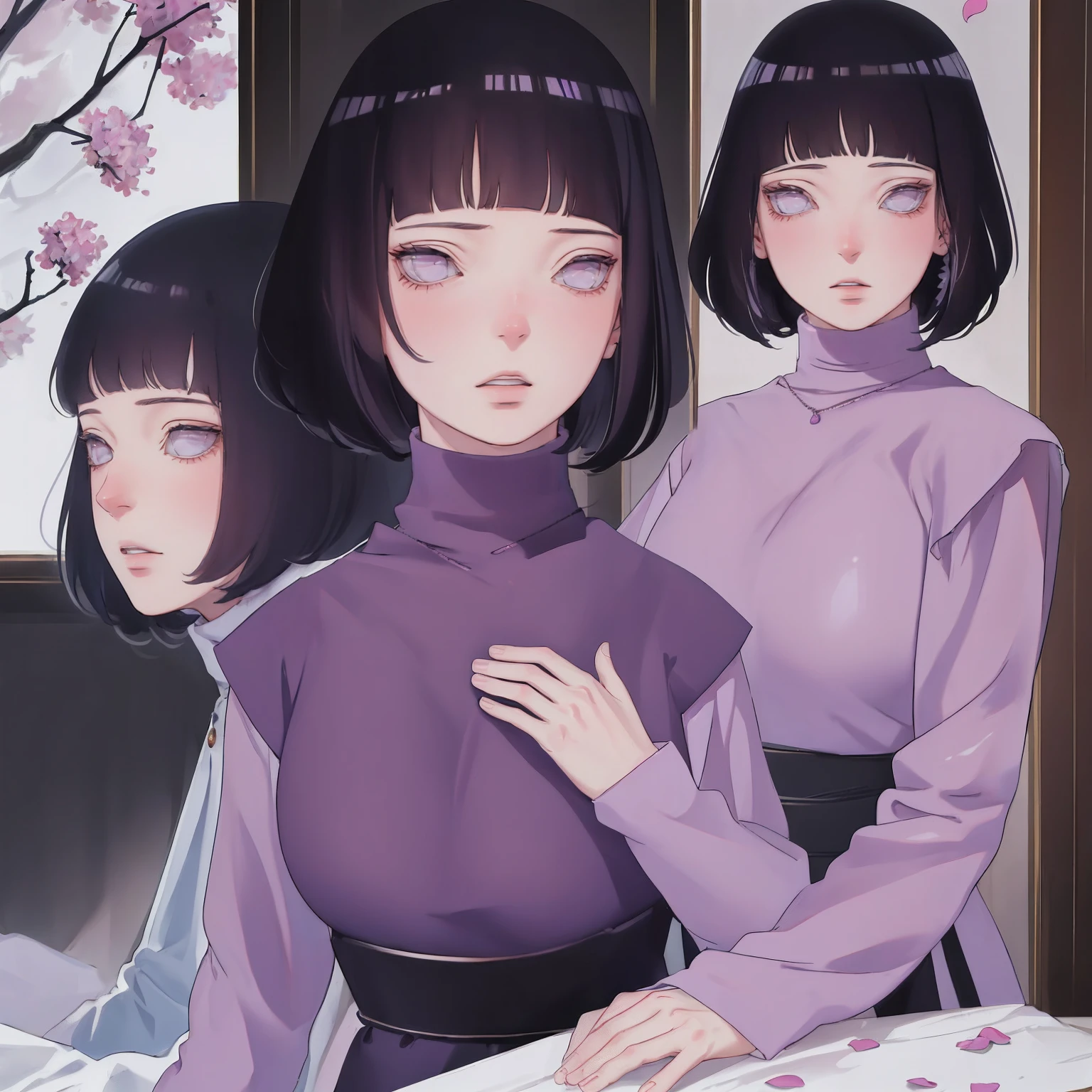 { - anatomy error} (Masterpiece - Ultra-detailed, very high resolution) (huge titusty, masterpiece, absurdres, hinata\(boruto\), 1girl, solo,mature female, lilac turtleneck blouse, pant, looking at viewelling petals), perfect composition, detailed lips, big breast, beautiful face, body propotion, blush, (pink lips), short hair, (black hair), purple eyes, soft gaze, super realistic, detailed, photoshoot, realistic face and body, closed mouth, walking on the floor , lilac eyes, upper body,  ridden hands, perfect fingers