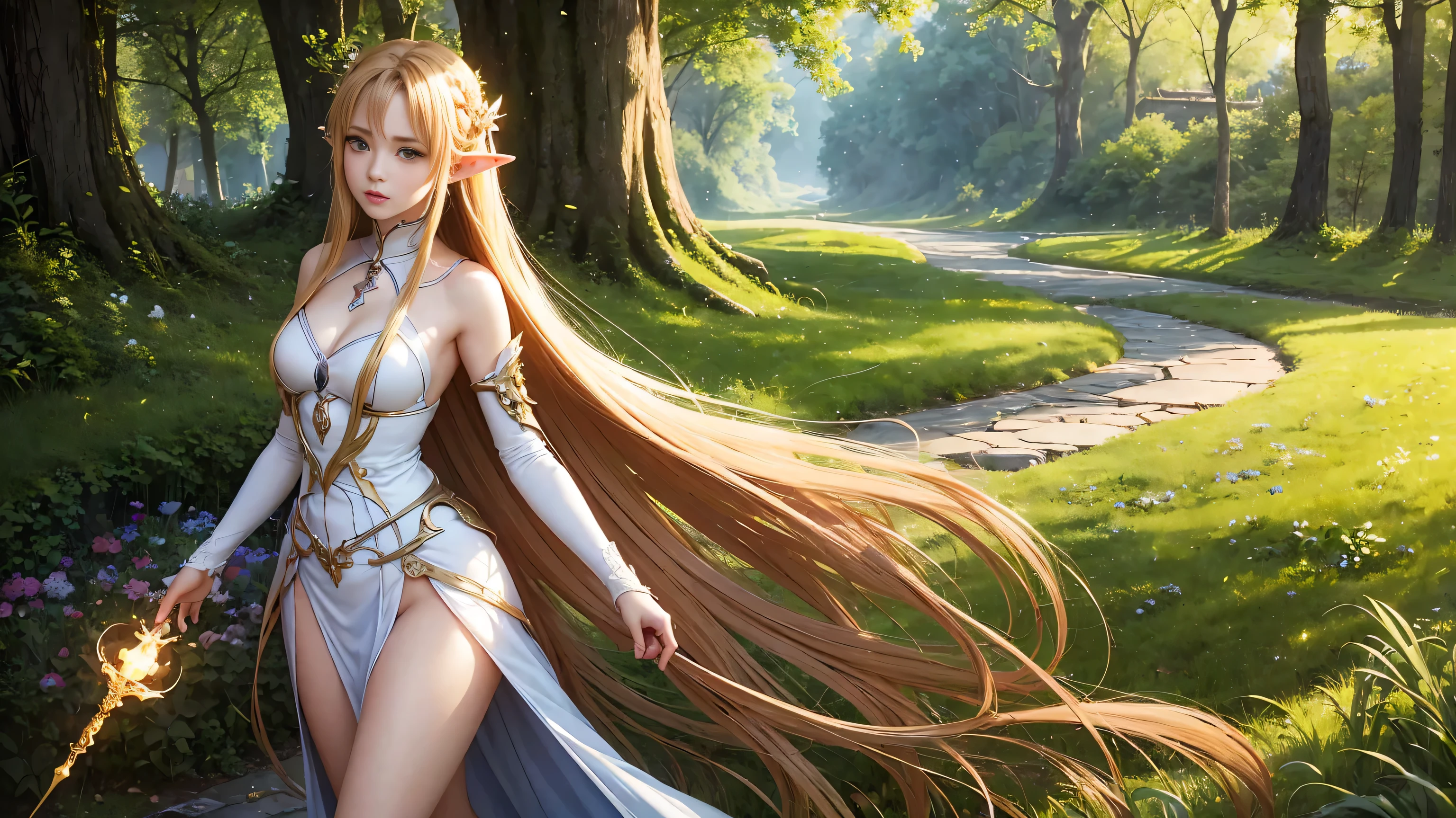 A graceful elf girl stands in a meadow, her delicate features illuminated by the soft light of the setting sun. Her long, flowing hair cascades down her back, adorned with intricate braids and adorned with sparkling jewels. This stunning painting captures the ethereal beauty of elves. Her slender figure in a silk dress sways in the soft meadow breeze. The artist's attention to detail is evident in the intricate patterns of her dress and the subtle highlights of her luminescence. skin. This breathtaking depiction of an elf girl exudes a sense of enchantment and transports the viewer to a magical world. The beautiful elf magician is awe-inspiring as she holds a magician's staff, uses fireball magic, and is about to defeat the Demon King with explosion magic., If you pull up your skirt, you can see your see-through panties and it will be embarrassing., (A superb exquisite Asuna Yuuki),(Asuna Yuuki:1.5), long hair, brown hair, streaked hair, brown eyes, star-shaped pupils, straight bangs, solo, nature, extremely delicate, straight facial features, peerless beautiful girl, soft, (sensual face), ((ecchi face)), dreamy quality, exaggerated facial features, solid color, frank holly, delicate face, bright lips, slender waist, soft curves, real light and shadow, super fine, 4k, natural moving, Ultra high resolution, (masterpiece:1.2, best quality), (finely detailed beautiful eyes: 1.2), (beautiful detailed face), detailed anime artwork, clean detailed anime art, detailed digital anime art, detailed anime art, beautiful anime portrait, beautiful anime girl, beautiful anime artwork, beautiful anime art, beautiful anime style, detailed portrait of anime girl, anime girl, beautiful anime, anime illustration,Medium chest, slender body,unparalleled beauty sexy and very beautiful face、Super long silky shiny blonde hair、long swaying bangs、Sexy 15 years old、beautiful cute pearl eyes beautiful girl、Silky skin、Very big blue eyes,