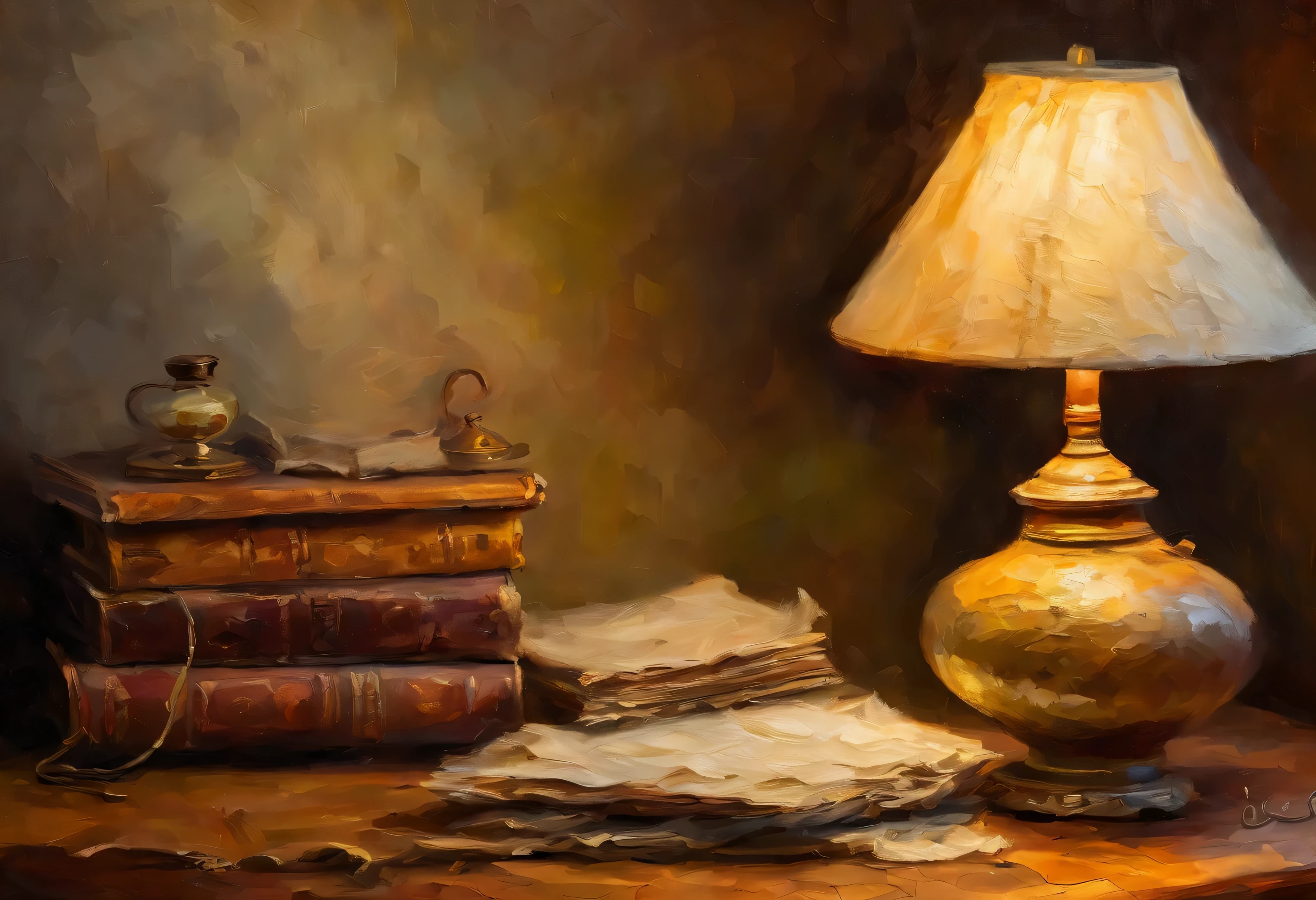 a detailed oil painting, one antique lamp with a linen lampshade on a wooden table, old clock nearby, vintage style, warm colors, soft lighting, cracked paint, impasto style, intricate details, cozy atmosphere, warm shadows, nostalgic mood, beige wall