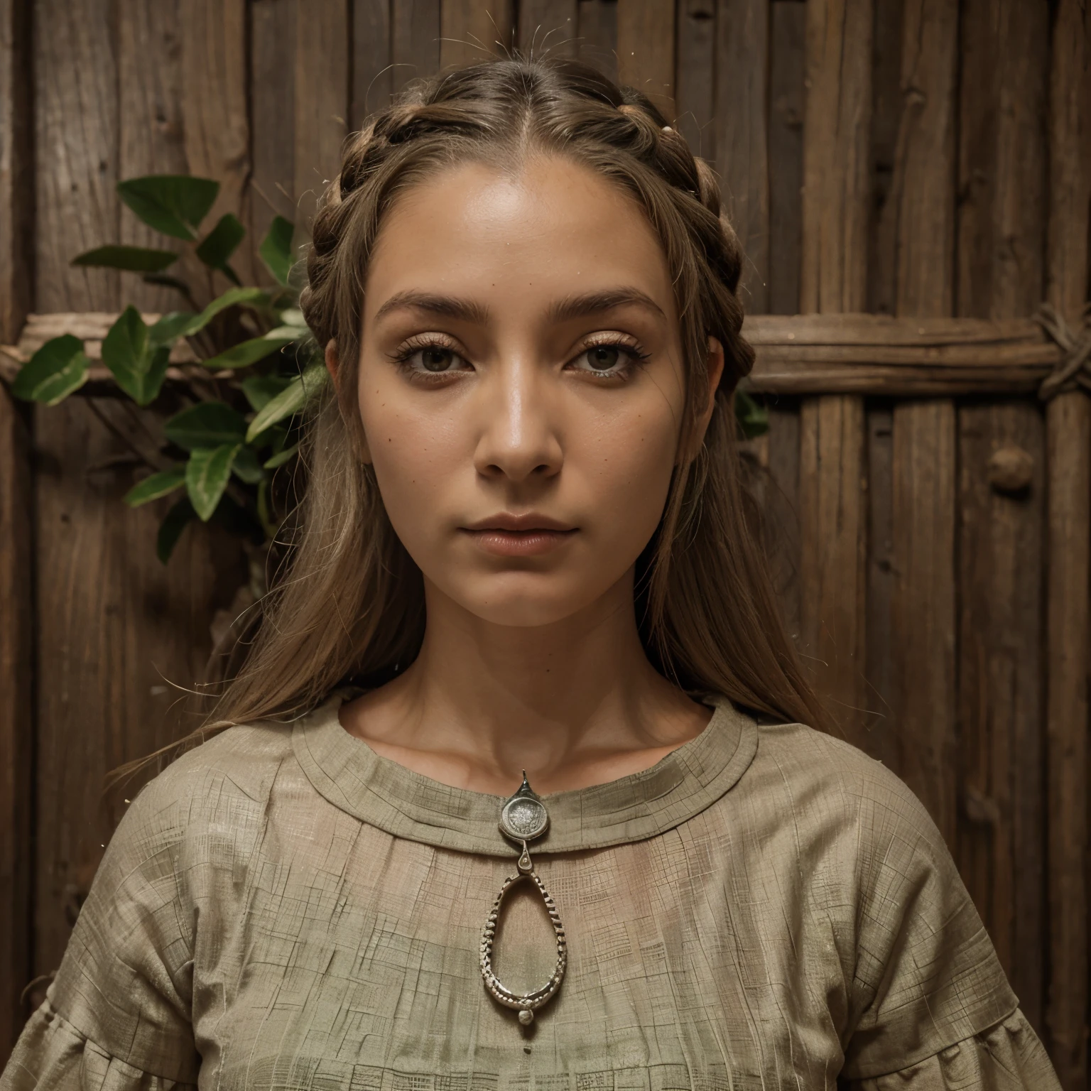 ((fundo medieval)), ((neutral expression)), ((rosto feminino)), ((pele branca)), ((chifres de cervo)), ((orelhas de cervo)), ((cabelos brancos e franja)), ((corpo magro)), ((sem seios)), ((cabelo longo)), ((olhos verdes e redondos)), ((vestido simples medieval))