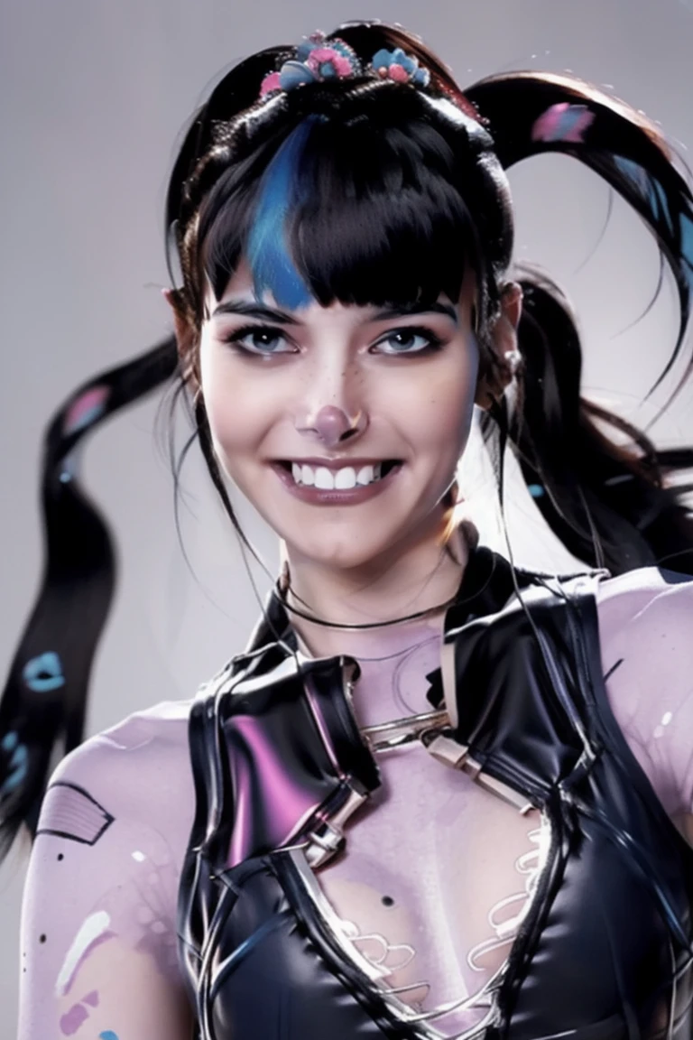 { - anatomy error} (Masterpiece - Ultra-Detailed, High Resolution) punchline, 1girl, solo, long hair, breasts, looking at viewer, bangs, black hair, gloves, blue hair, upper body, hair ornament, ponytail, multicolored hair, black gloves, blunt bangs, grin, two-tone hair, streaked hair, piercing, freckles, black lips, blush stickers,