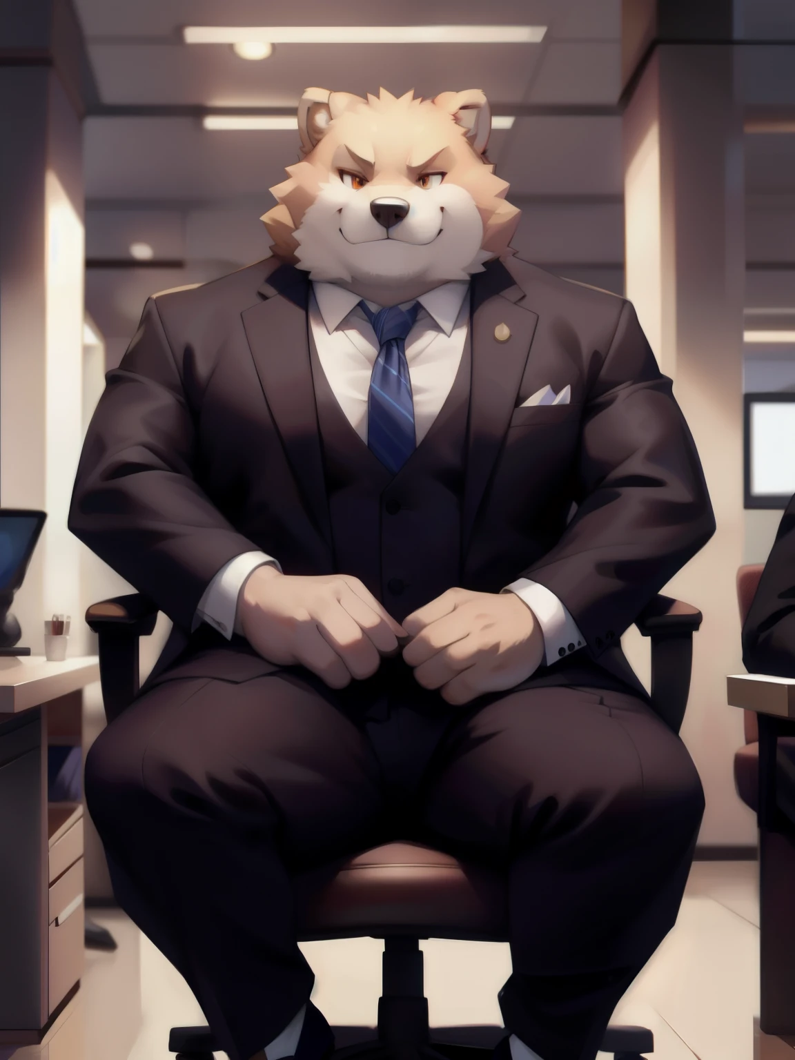 有一个wearing a suit的男人坐在椅子上，, wearing his suit, Wearing a strict suit, Wearing a smart business suit, Get ready for a meeting, he is wearing a suit, Wojtek FUS, strict suit, furry characters, wearing a suit, POV furry art, wearing a suit, wearing a suit, wearing a suit，full，fat，gentlemen. Bear，at the boss&#39;office，giggle，