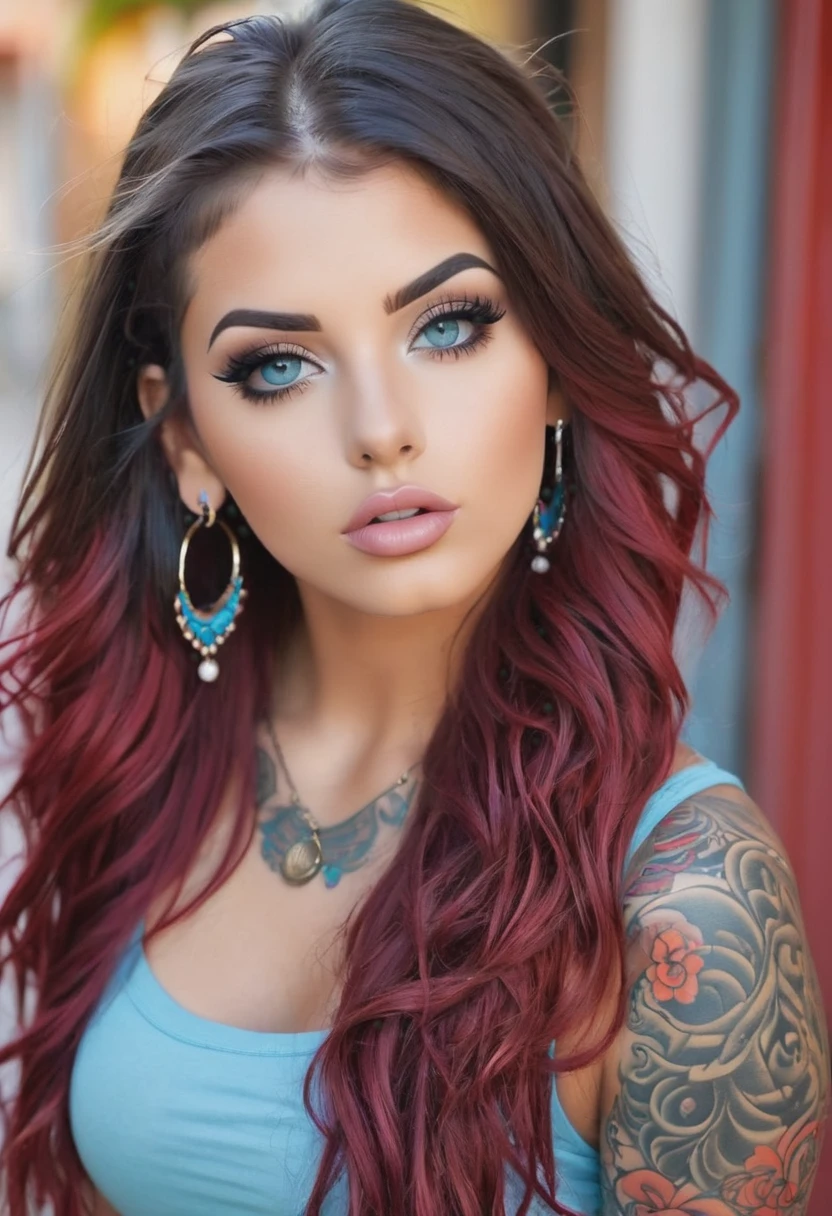 a beautiful girl, cabelos loiros, olhos azuis, corpo com varias tatuagens, labios perfeitos, face do rosto perfeito, sexy, sensual, com piercing no bico do seios, the girl is sucking a big, realistic penis of her boyfriend who is in front of her