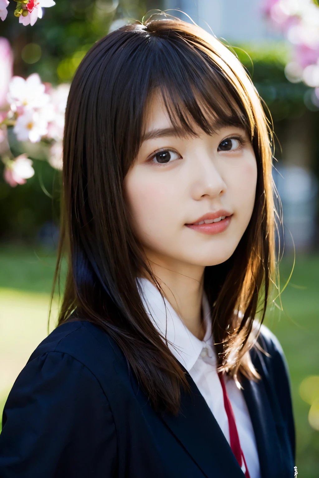 ulzzang-6500-v1.1,(8k、Raw photo、highest quality、masterpiece:1.2)、High resolution、wallpaper、(realistic、Photoreal:1.37)、bright lighting、professional lighting、face light、professional smooth lighting、japanese woman、20-year-old、Beautiful woman、action、gravure、sexy、super beautiful、Fine and beautiful skin、skin texture、beautiful and detailed eyes、detailed face、slim waist、Beautiful long hair、brunette colored hair、black eyes、look at the camera、Upper body　　　　　　　floating hair、human body as a whole、Japanese high school uniform、high school girl、School zone、Cherry tree、red ribbon、bob hair、Smile