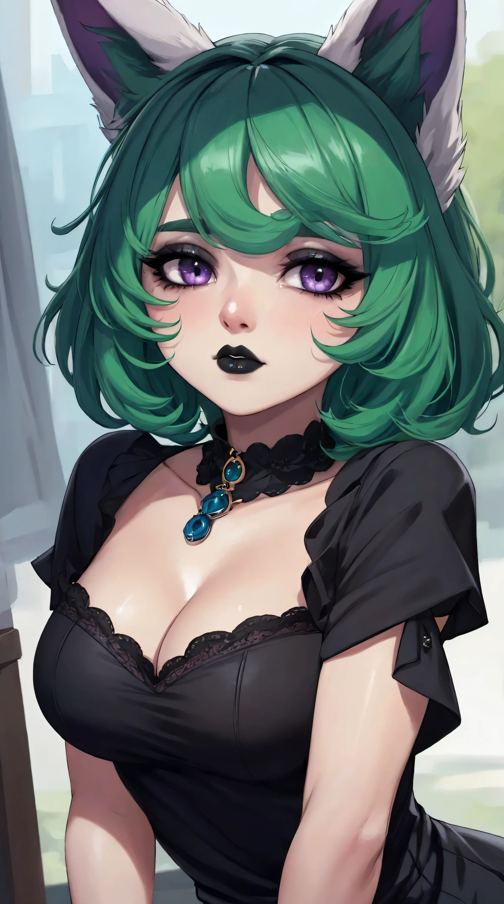 masterpiece,(best quality,top quality,8k),illustration,painting,detailed eyes and face,(1girl),vex,(green hair,short hair), (black dress,cleavage:1.2),purple eyes,black lips,(animal ears), pretty girl, beauty skin, ultra high res, raw photo, ultra detailed , detailed body , detailed eyes and face , (looking at viewer ),(puffy eyes) ,good contrast , high sharpness,(gorgeous),realistic,RAW Photography,(hyperdetailed:1.2)