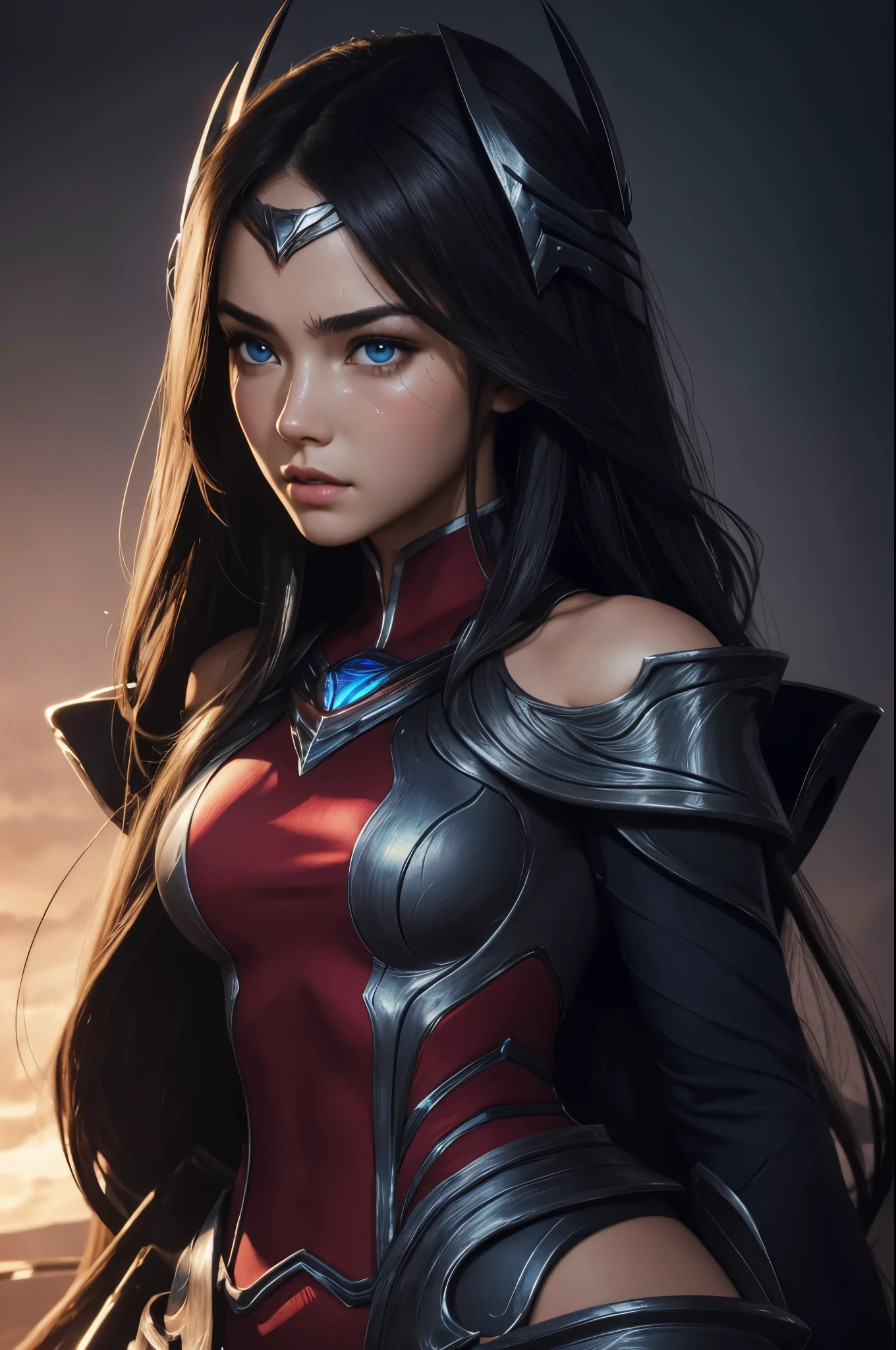 (masterpiece), best quality, expressive eyes, perfect face, highres, 1girl, solo, irelia, bodysuit, bare shoulders, forehead protector, hair ornament, armor, blushing, crying, portrait, looking at the viewer,