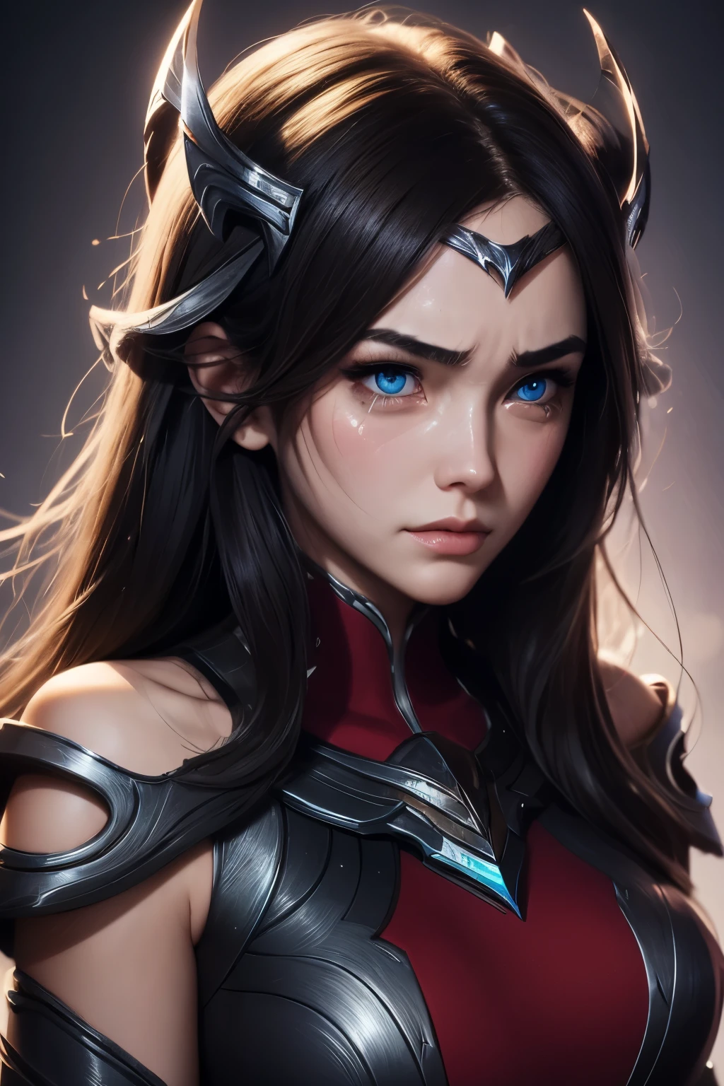 (masterpiece), best quality, expressive eyes, perfect face, highres, 1girl, solo, irelia, bodysuit, bare shoulders, forehead protector, hair ornament, armor, blushing, crying, portrait, looking at the viewer,