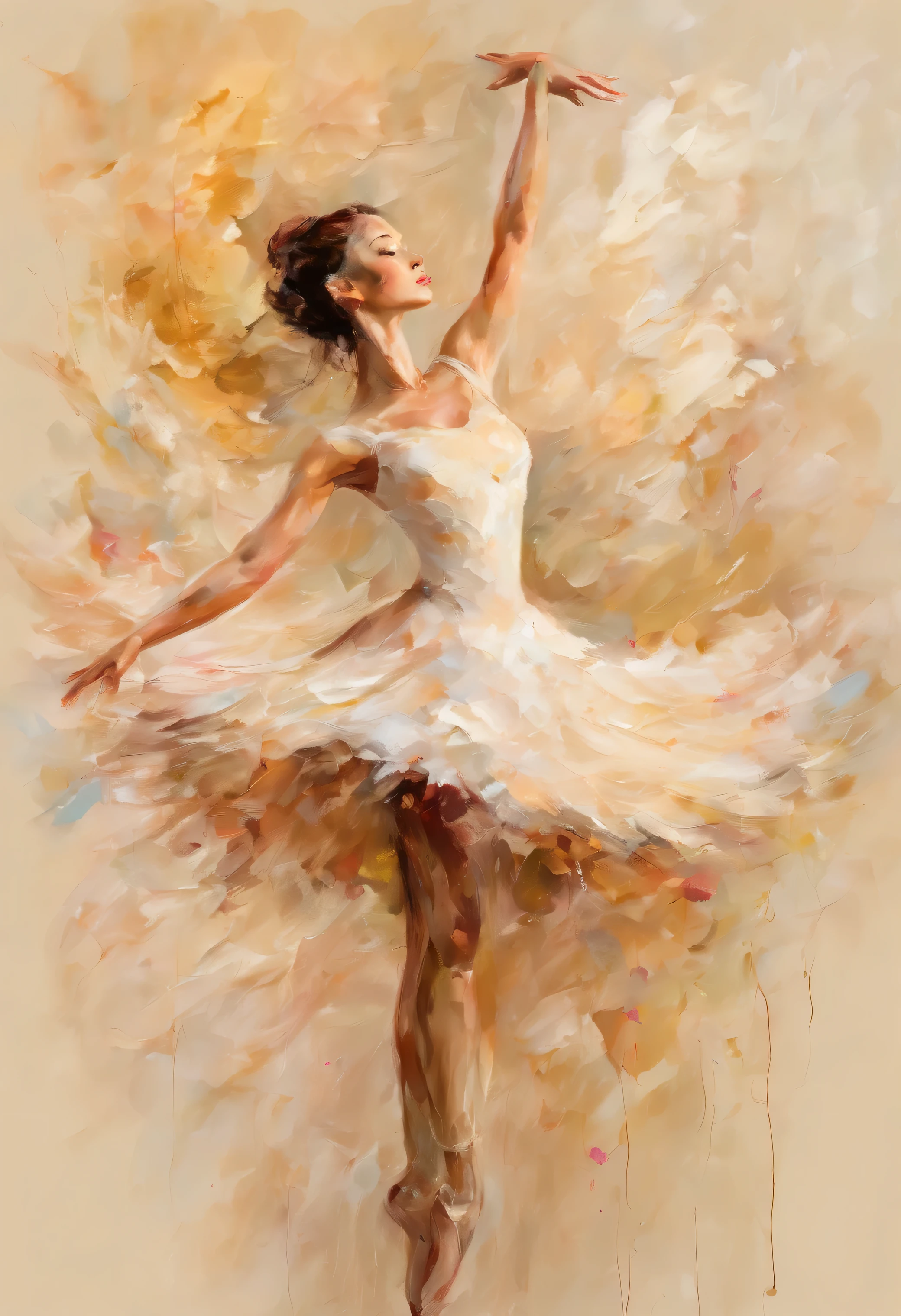 Ballet dancer, graceful posture, perfect body, impressionism, beige background, impasto style brushstrokes, splatter art, cracked paint