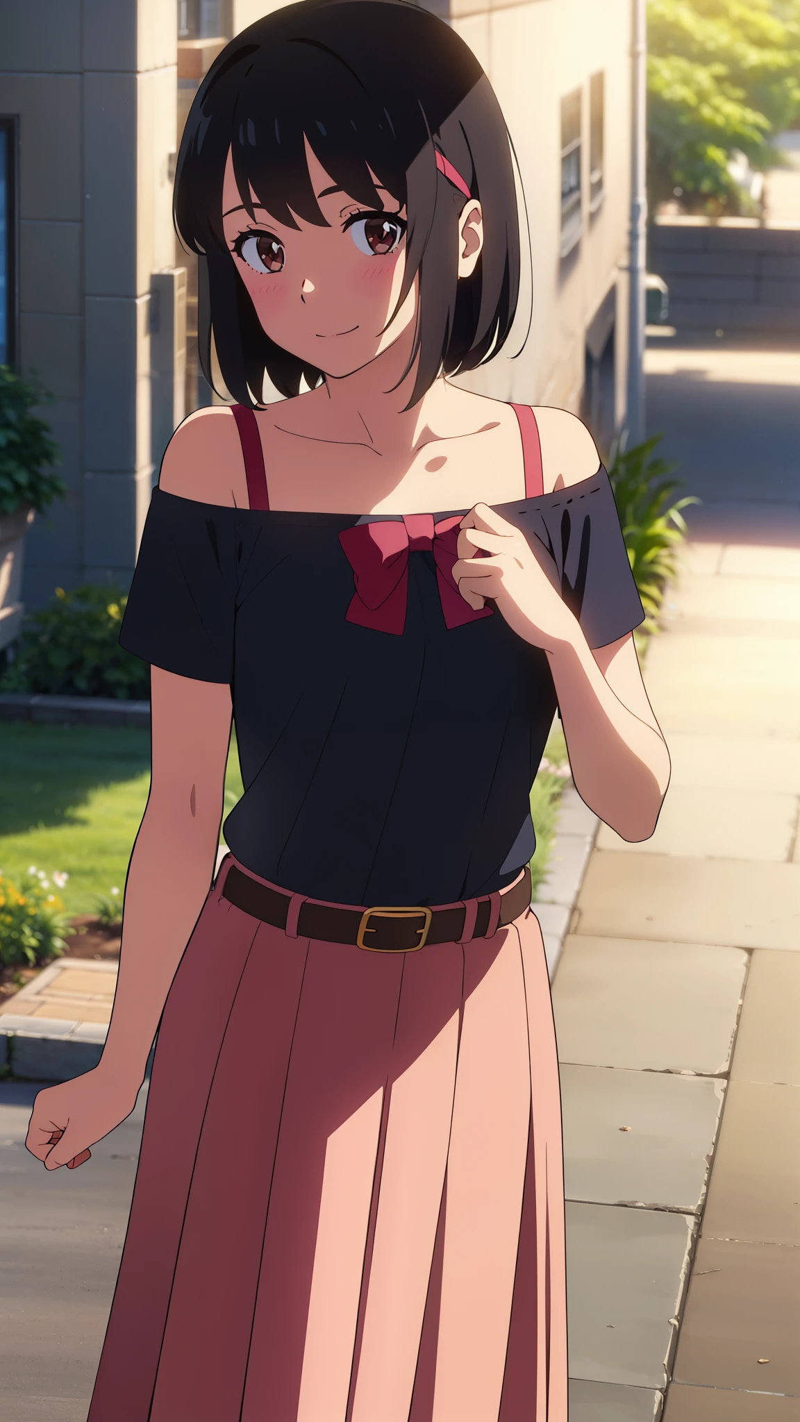 shinkai makoto, kimi no na wa., 1girl, bangs, black hair, blush, bright eyes, brown eyes, red headband, red bow, red ribbon, short hair, smile, cute, beautiful, shiny skin, looking at the viewer, solo, ​pink shirt, collarbone, Off-the-shoulder, bra strap, long skirt, a belt, short sleeves, breastsout, cowboy shot, standing, outside of house, upper body