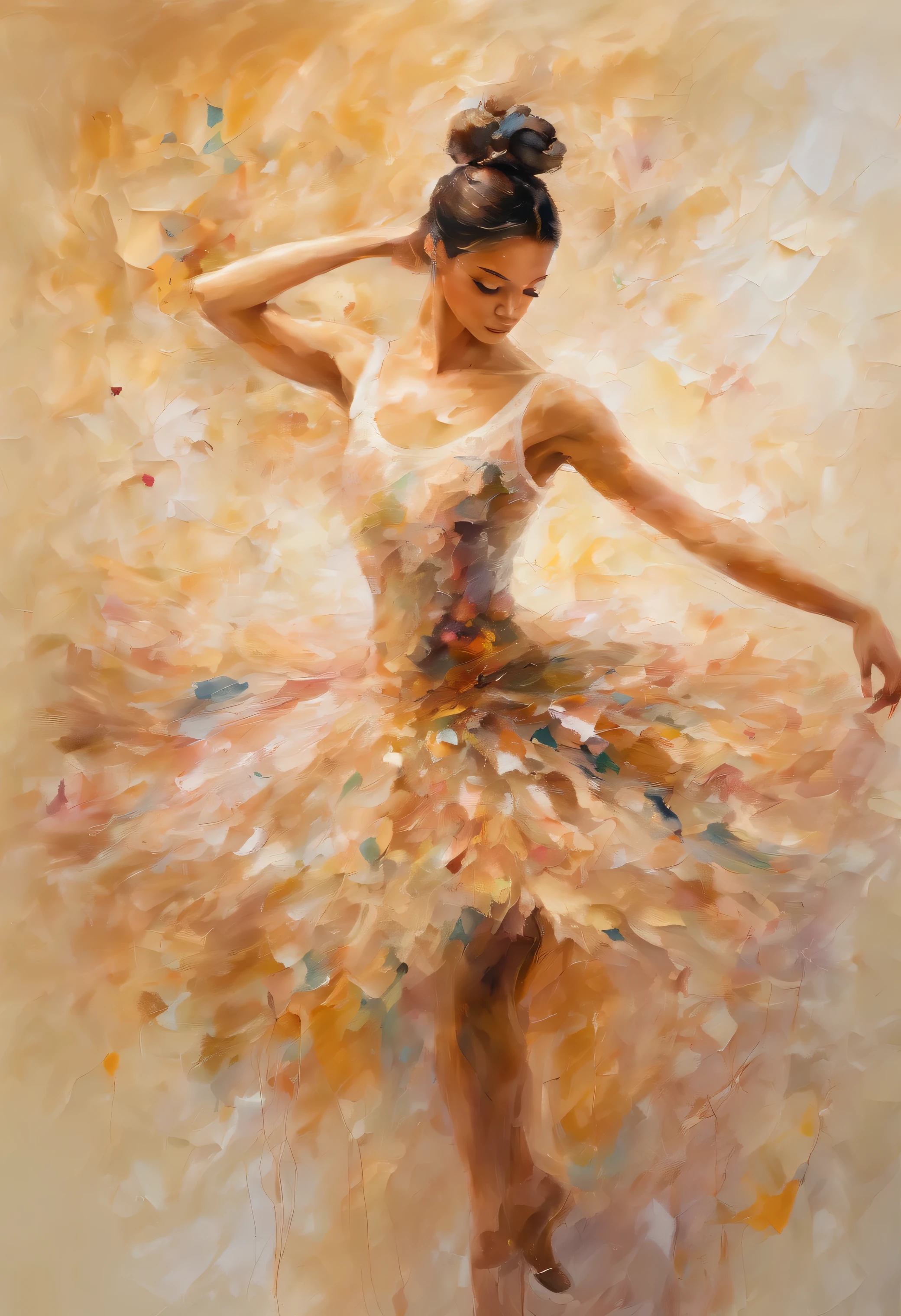Ballet dancer, graceful posture, perfect body, impressionism, beige background, impasto style brushstrokes, splatter art, cracked paint