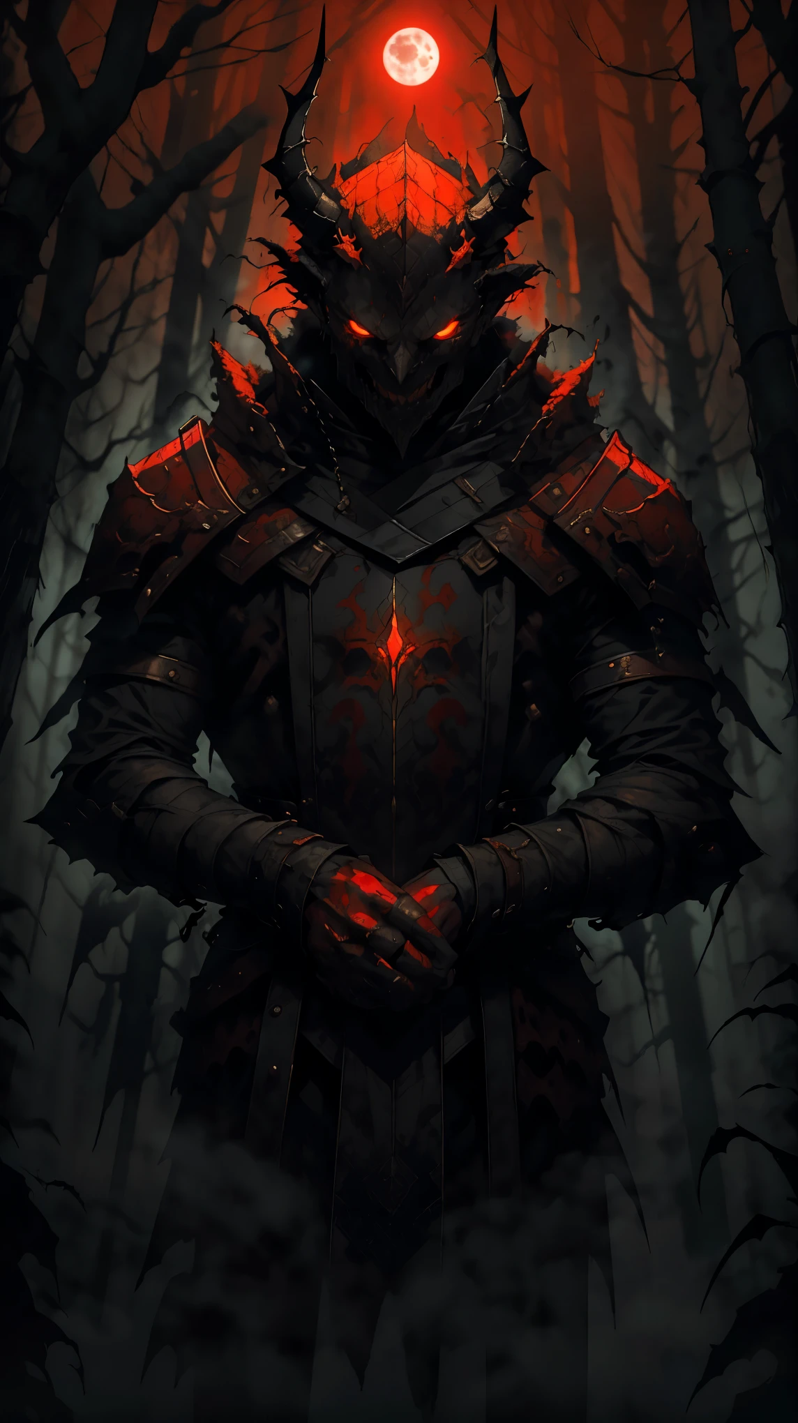 (detailed horns mask:1.2),(dark,evil) atmosphere,(mysterious,ominous,gritty) texture,1demonic character,sharp fangs,glowing red eyes,long sharp horns,pale skin,black claws,overgrown dark forest,ominous moonlight,heavy fog,spooky ambiance,bloody red color scheme,haunting shadows,creepy mist,horror genre,nightmarish,dynamic lighting,high contrast,ethereal feel,vivid colors
