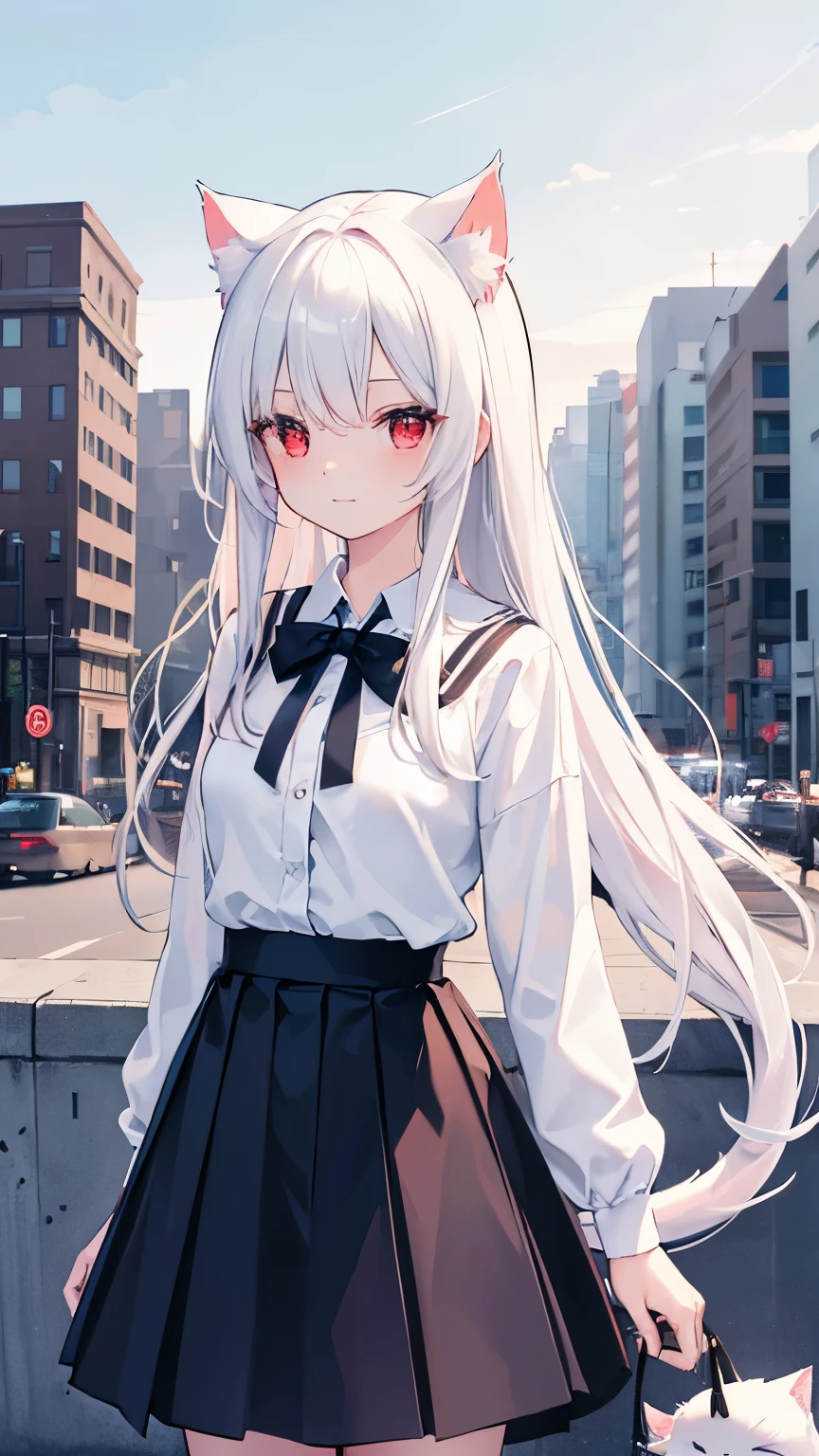 Top quality, super high resolution, very delicate, beautiful girl, 8K wallpaper, From the oblique side, facing at viewer, red eyes,white hair,long hair,White cat ears,White cat tail, outdoors, Somewhere in the city, shirt, skirt, happy,