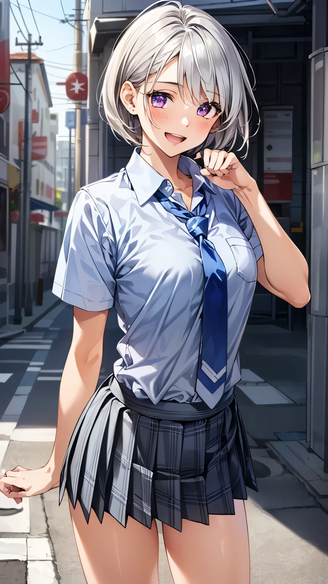 (masterpiece:1.3, top-quality, ultra high res, ultra detailed), (realistic:1.1, photorealistic:1.4), beautiful illustration, perfect lighting, colorful, depth of fields,
beautiful detailed hair, beautiful detailed face, beautiful detailed eyes, beautiful clavicle, beautiful body, beautiful chest, beautiful thigh, beautiful legs, beautiful fingers,
looking at viewer, 1 girl, japanese, high school girl, perfect face, (perfect anatomy, anatomically correct), cute and symmetrical face, babyface, suntan, shiny skin,
(short hair:1.2, bob cut:1.2, silver hair), crossed bangs, purple eyes, long eye lasher, (medium breasts), slender,
((collared short sleeve shirt, light blue shirt, school uniform, grey plaid pleated skirt, navy tie)), light blue panties,
(beautiful scenery), evening, (outdoors, cityscape in the distance), standing, , (lovely smile, upper eyes, open mouth),