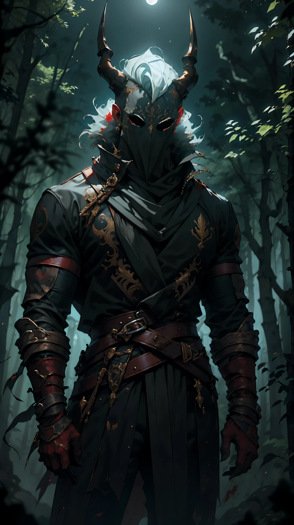 (detailed horned mask:1.2),(oscuro,demonio) atmosphere,(misterioso,ominoso,arenoso) textura,1 personaje demoniaco,colmillos afilados,Ojos rojos brillantes,cuernos largos y afilados,pale skin,garras negras,overgrown oscuro forest,ominoso moonlight,niebla densa,ambiente espeluznante,esquema de color rojo sangre,sombras inquietantes,niebla espeluznante,genero de terror,de pesadilla,dynamic lighting,alto contraste,ethereal feeling,vivid colors
